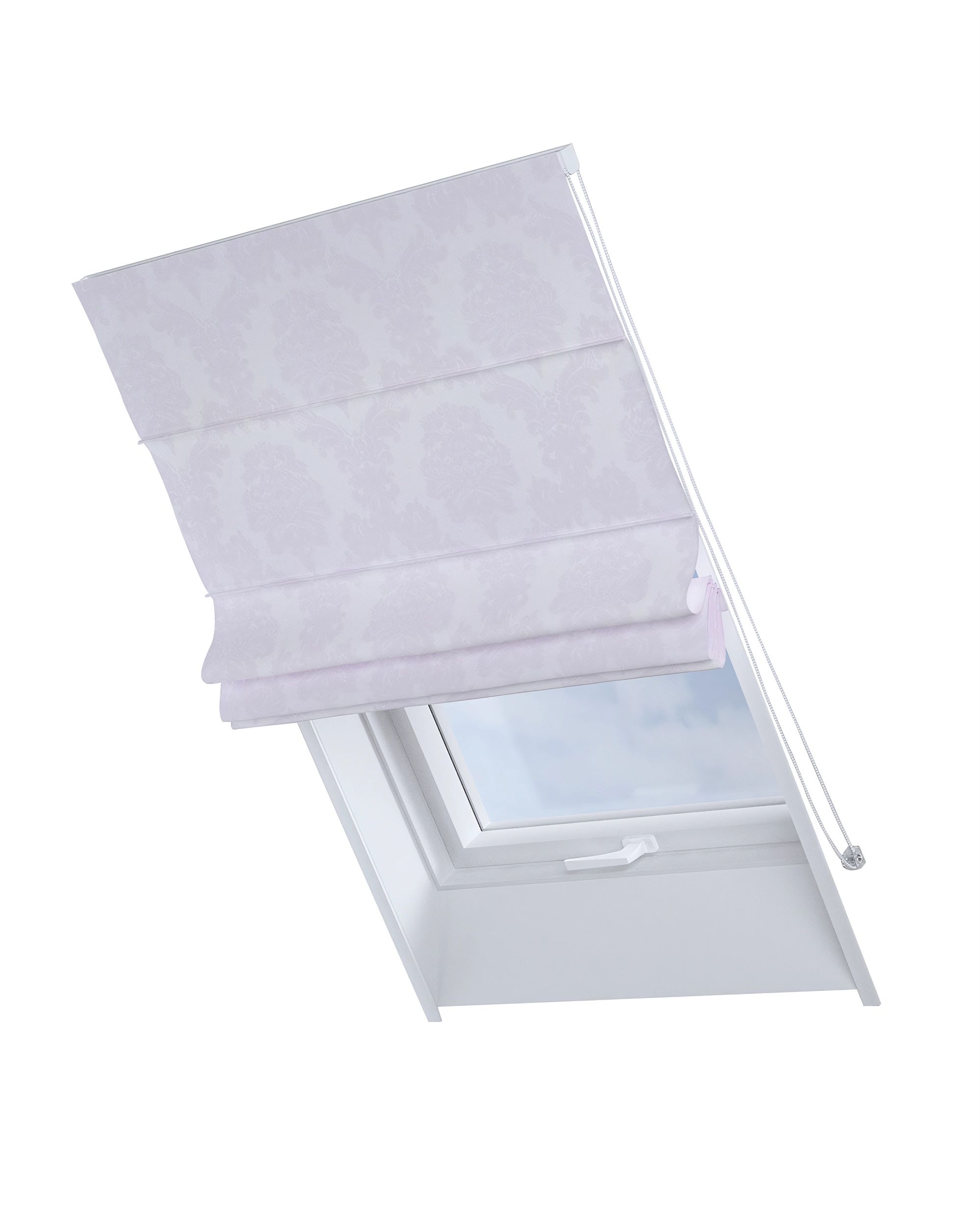 Roman blind for roof window Rimini colour white fabric gloss, structured, patterned