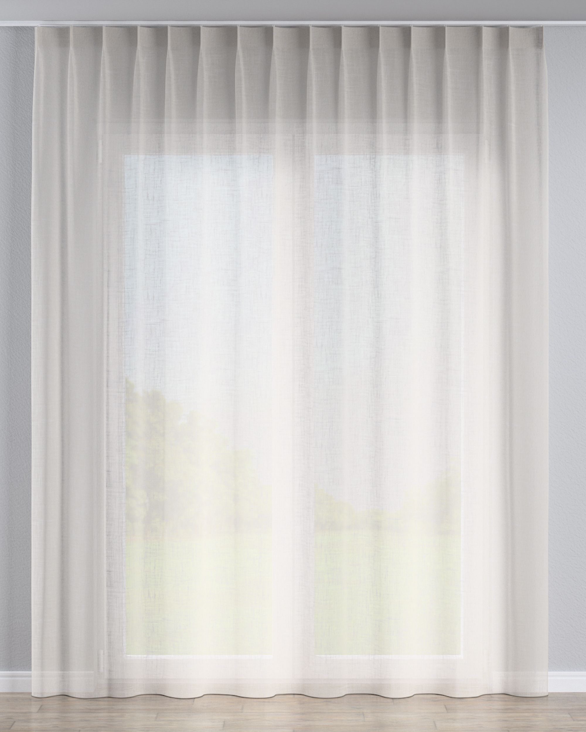 Net curtain with single pinch pleat colour beige fabric semi-sheer, structured