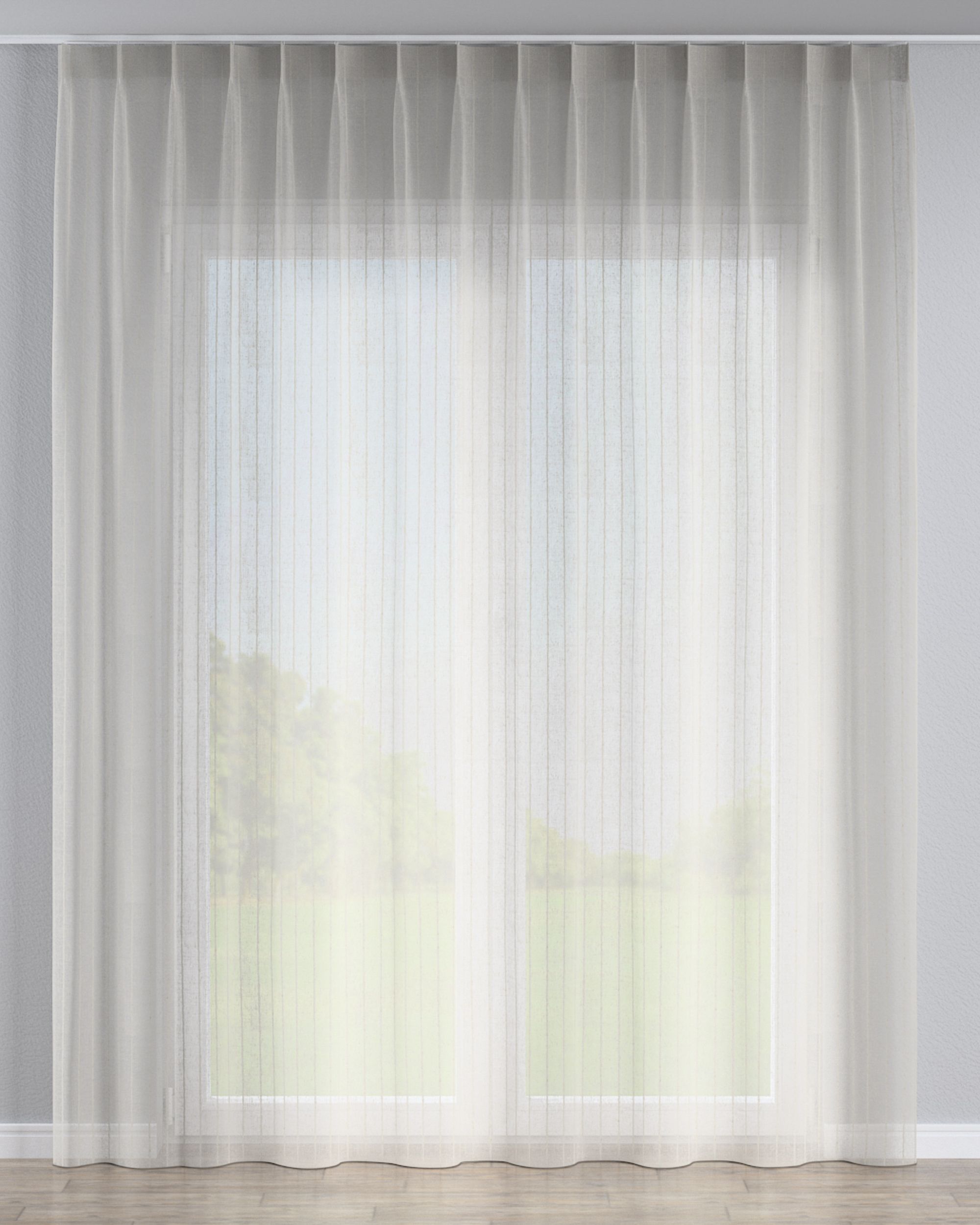 Net curtain with single pinch pleat colour beige fabric semi-sheer, structured, patterned