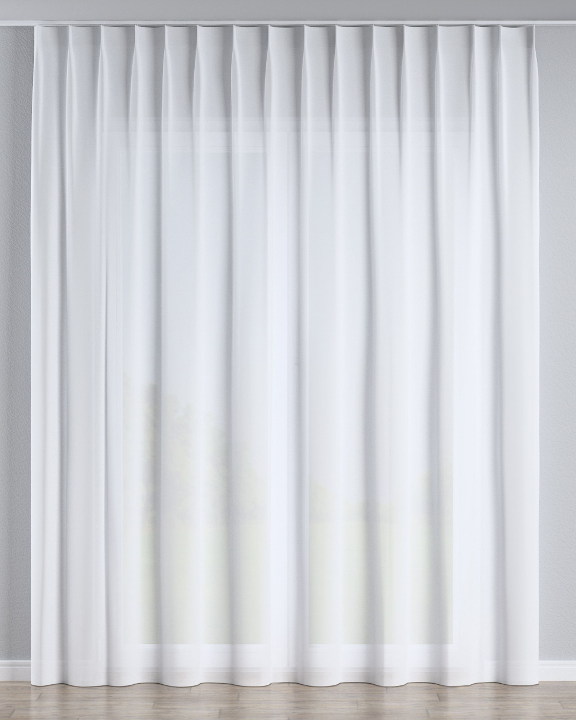 Net curtain with single pinch pleat colour white fabric semi-sheer, structured