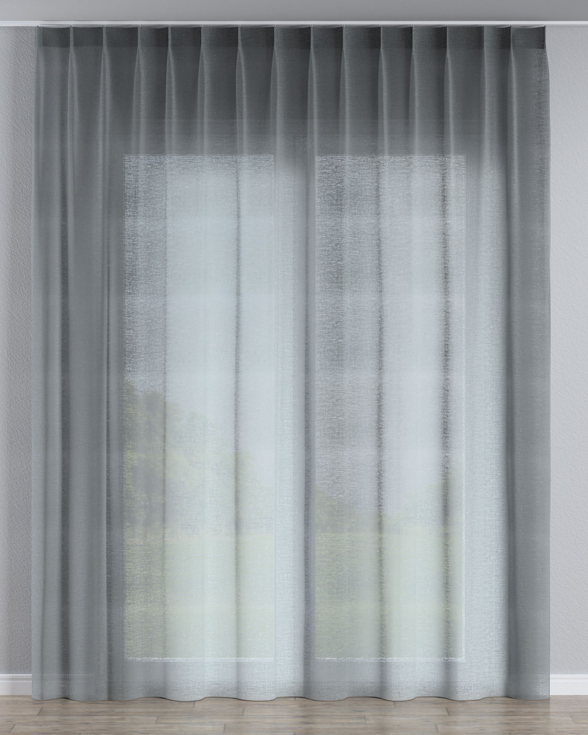 Net curtain with single pinch pleat colour green fabric semi-sheer, structured