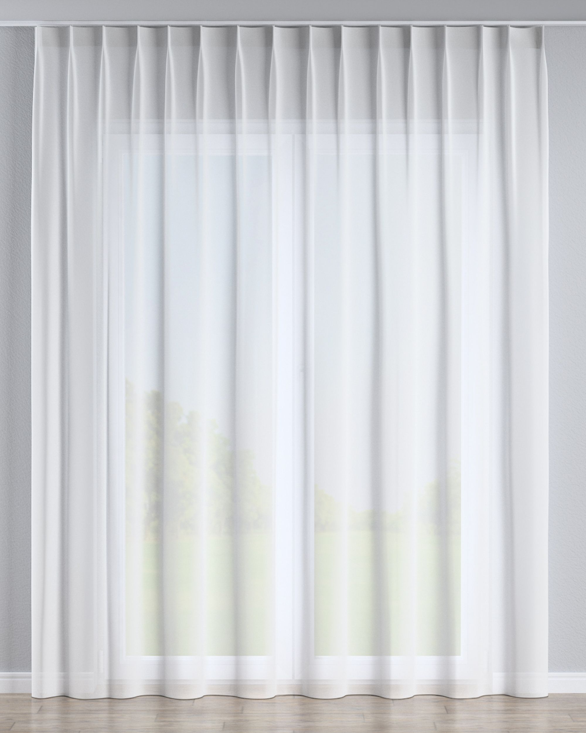 Net curtain with single pinch pleat colour cream fabric semi-sheer, structured