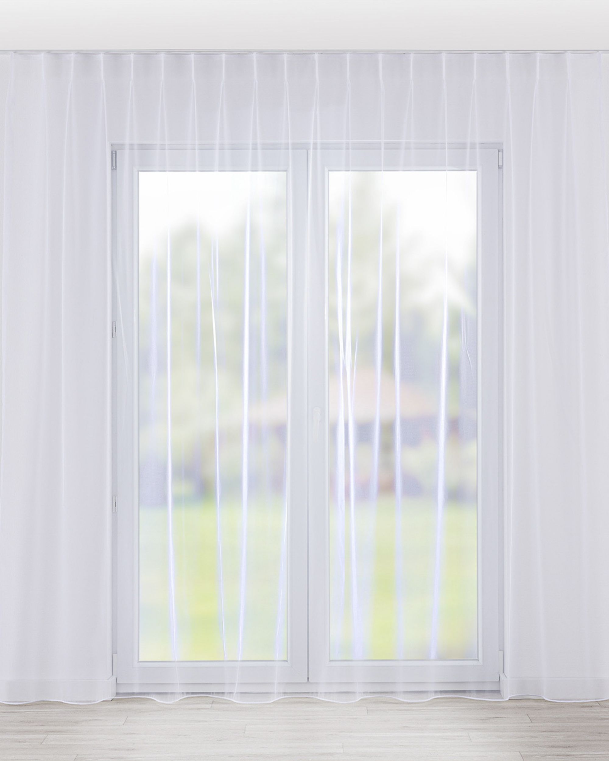 Net curtain with single pinch pleat colour white fabric semi-sheer