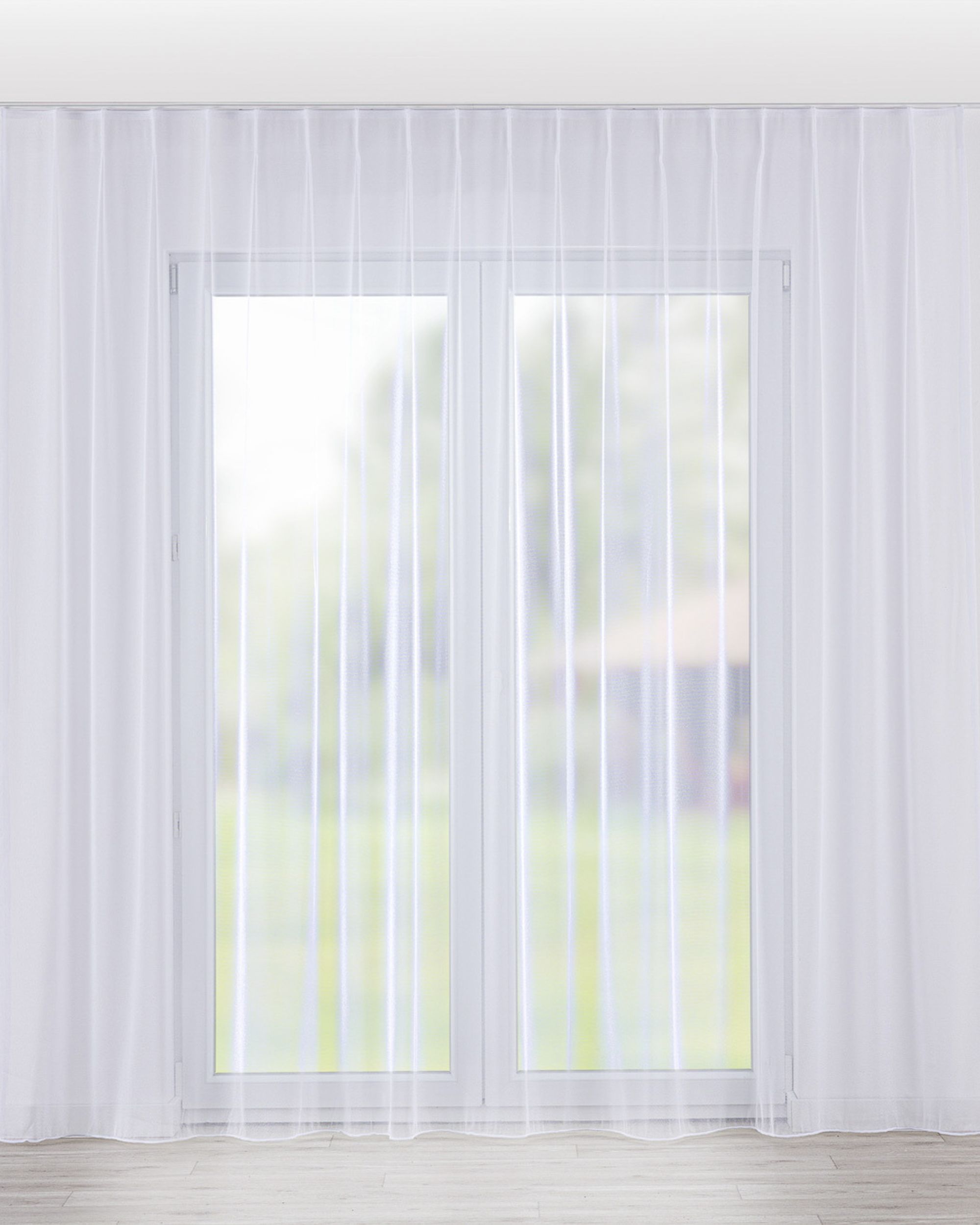 Net curtain with single pinch pleat colour white fabric semi-sheer, gloss, structured