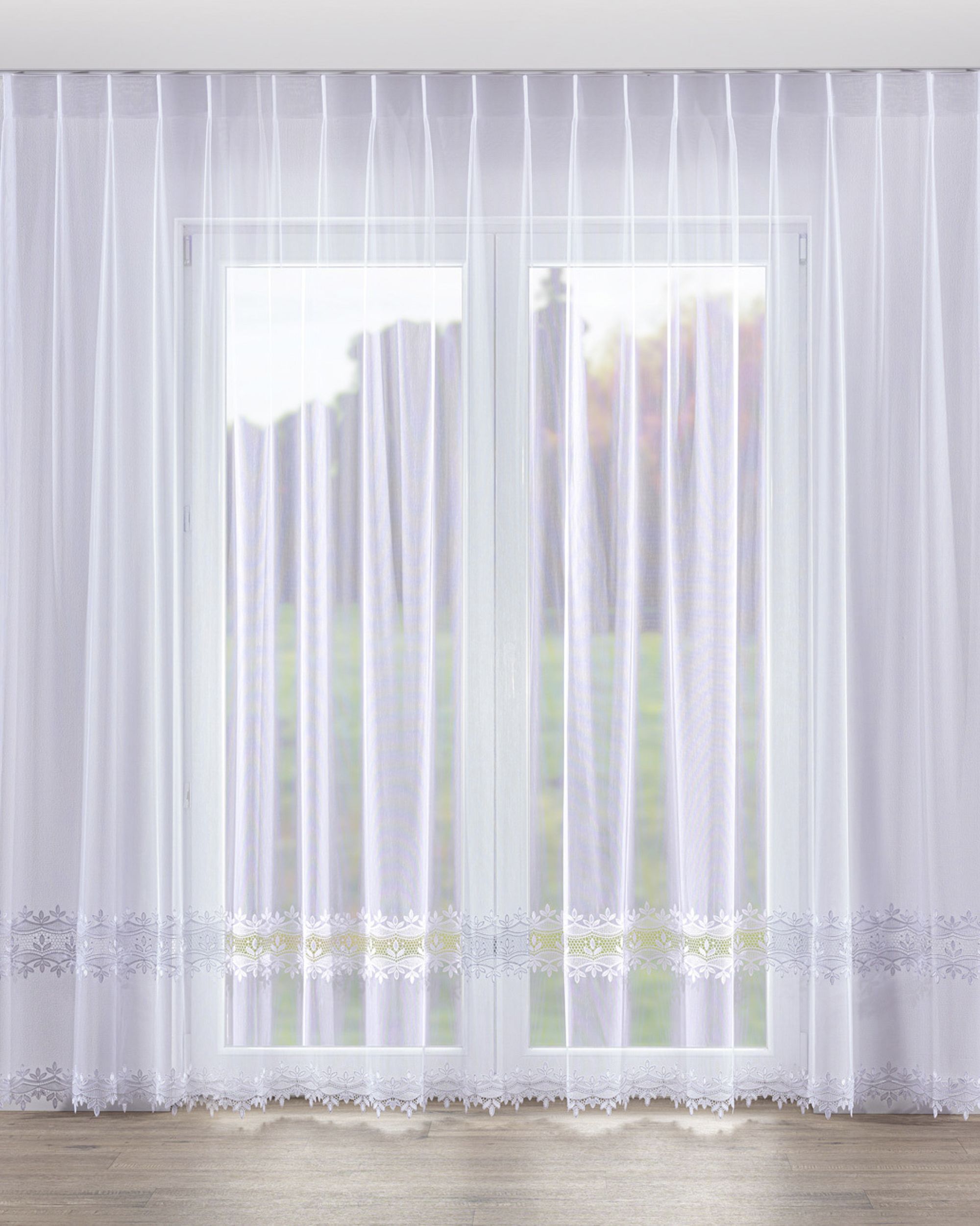 Net curtain with single pinch pleat colour white fabric semi-sheer, structured, patterned