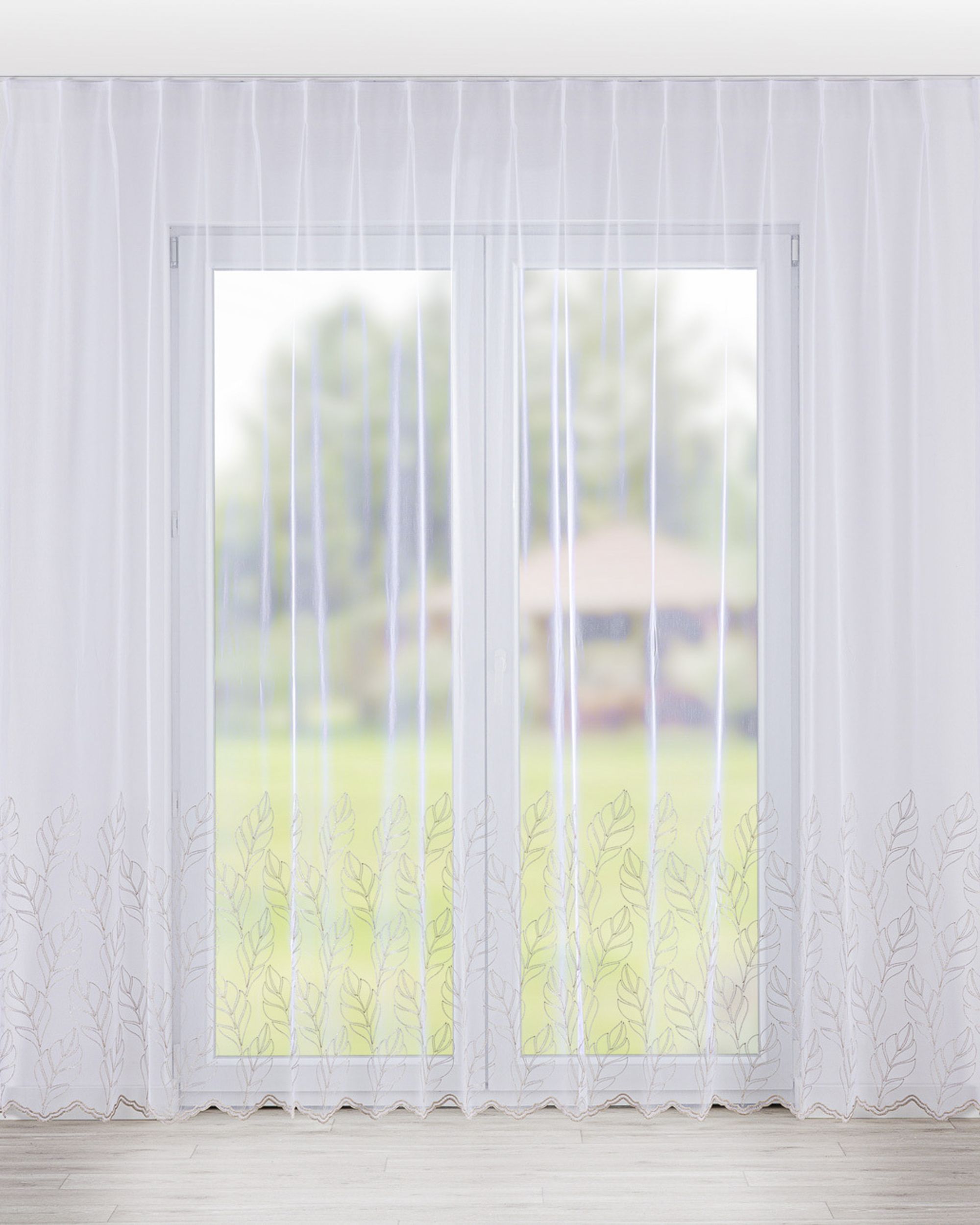 Net curtain with single pinch pleat colour white fabric semi-sheer, structured, patterned