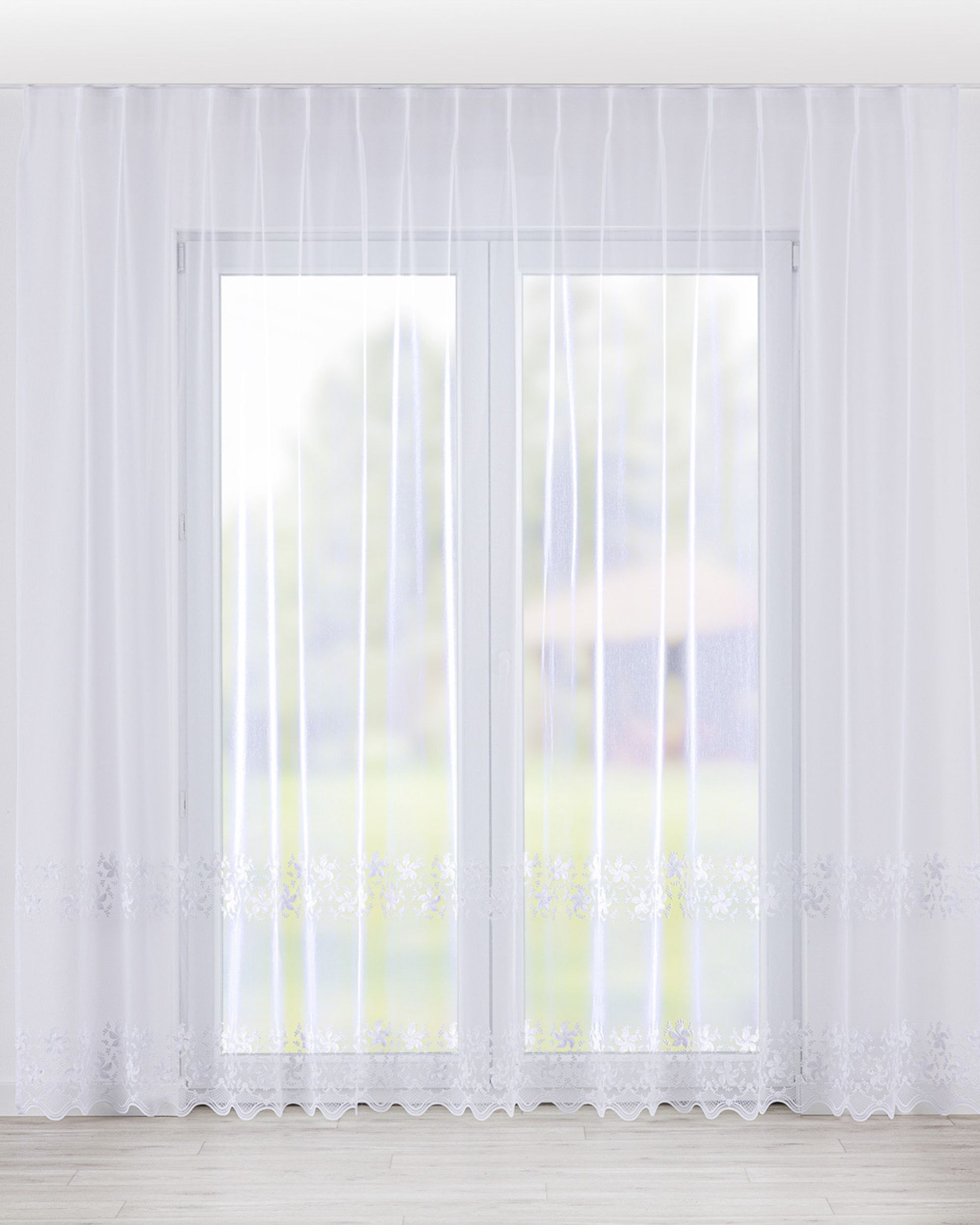 Net curtain with single pinch pleat colour white fabric semi-sheer, structured, patterned