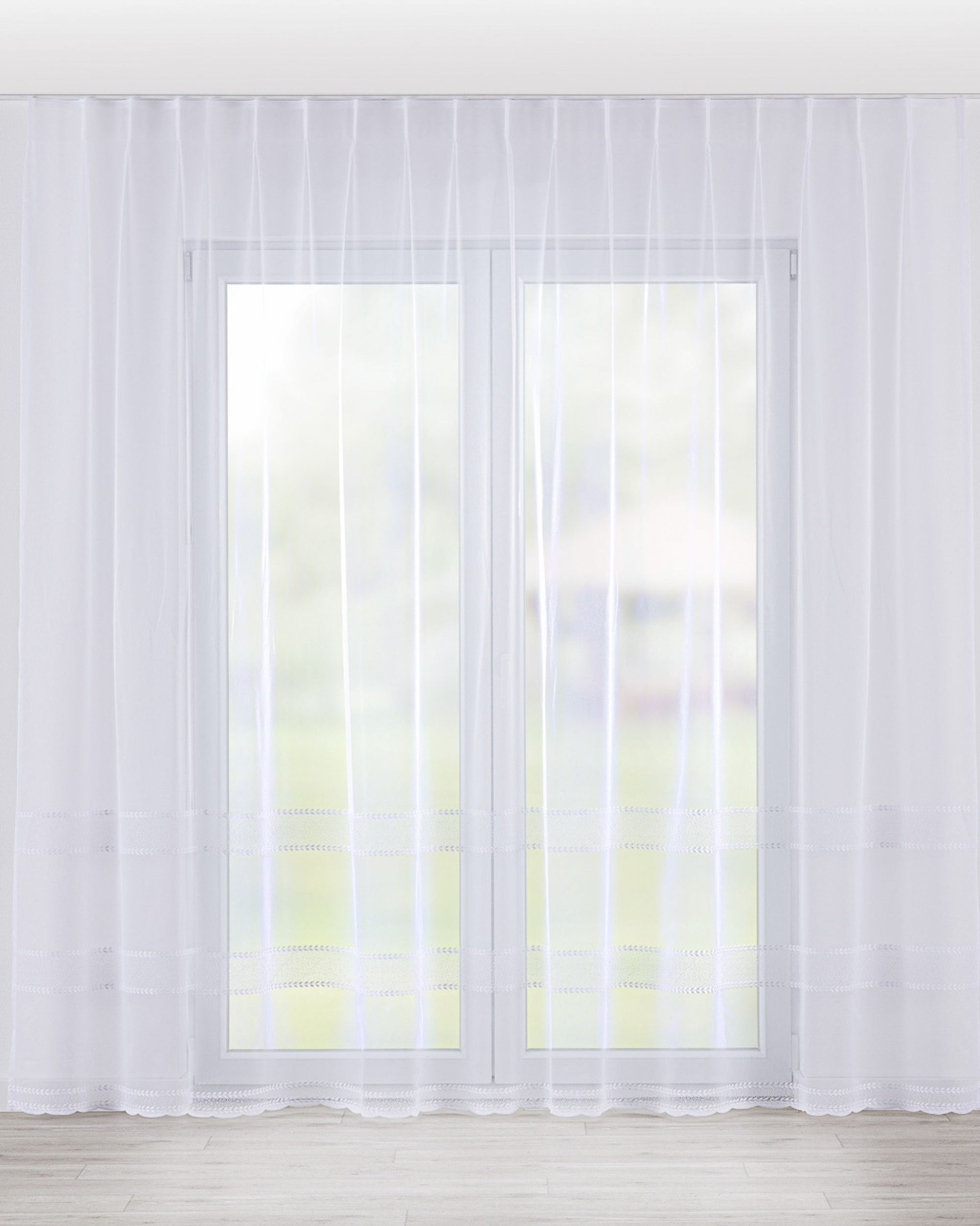 Net curtain with single pinch pleat colour white fabric semi-sheer, structured, patterned