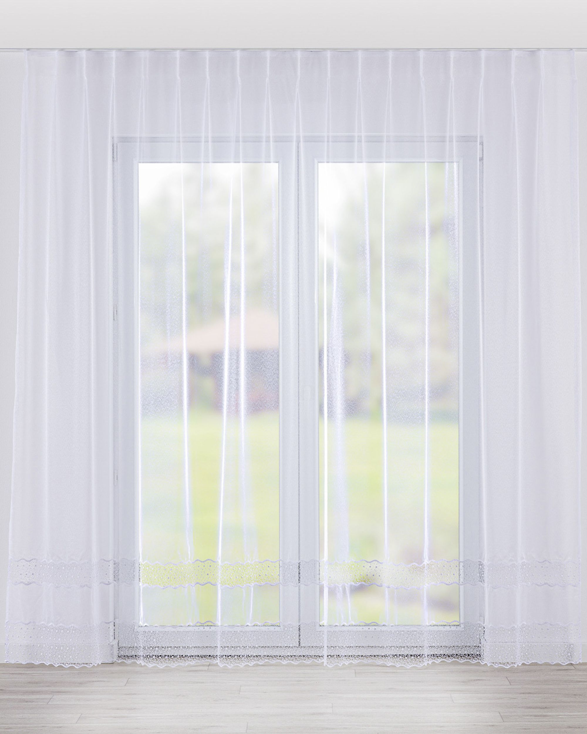 Net curtain with single pinch pleat colour white fabric semi-sheer, structured, patterned