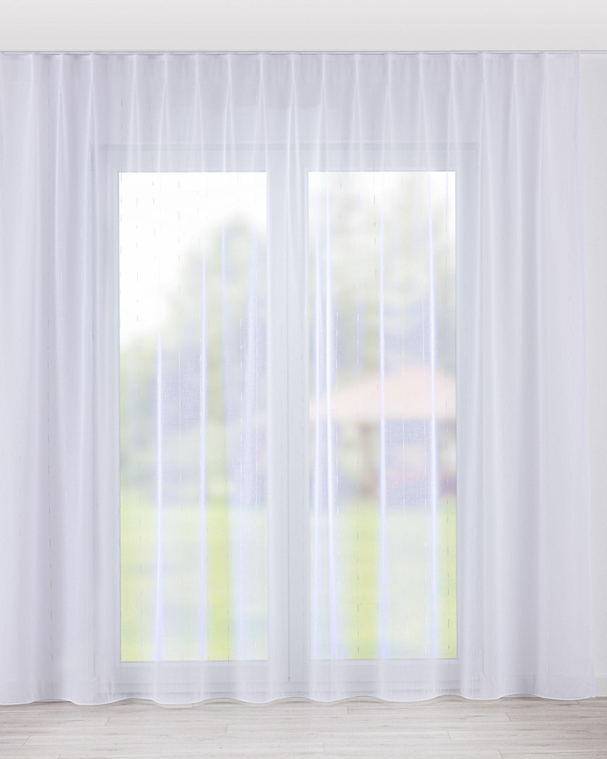 Net curtain with single pinch pleat colour white fabric semi-sheer, structured, patterned