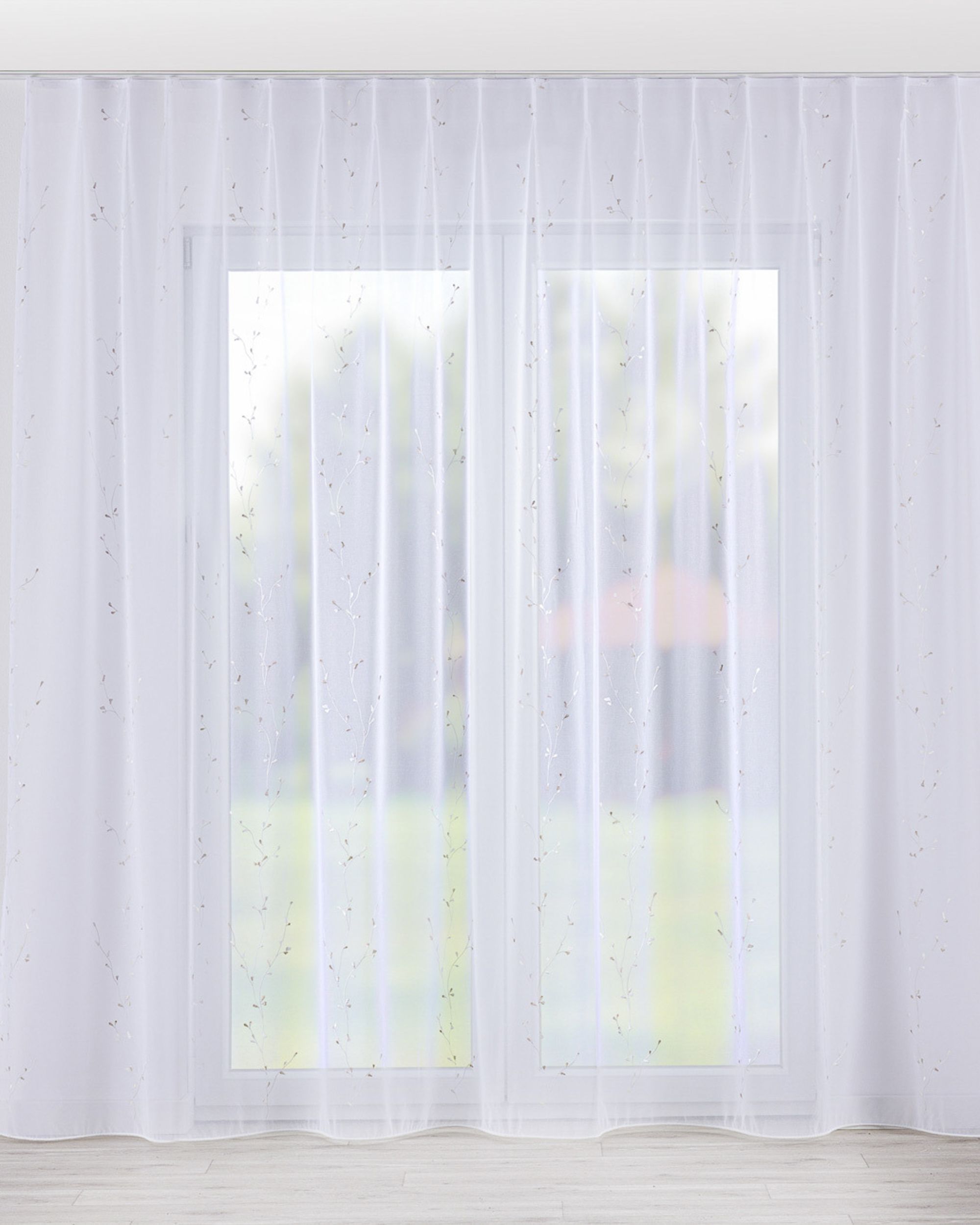 Net curtain with single pinch pleat colour white fabric semi-sheer, structured, patterned