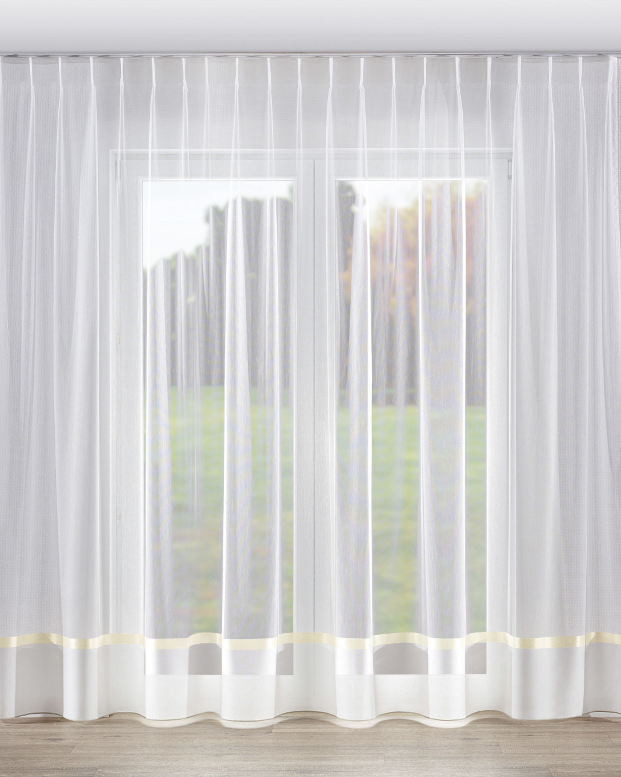Net curtain with single pinch pleat colour cream fabric semi-sheer