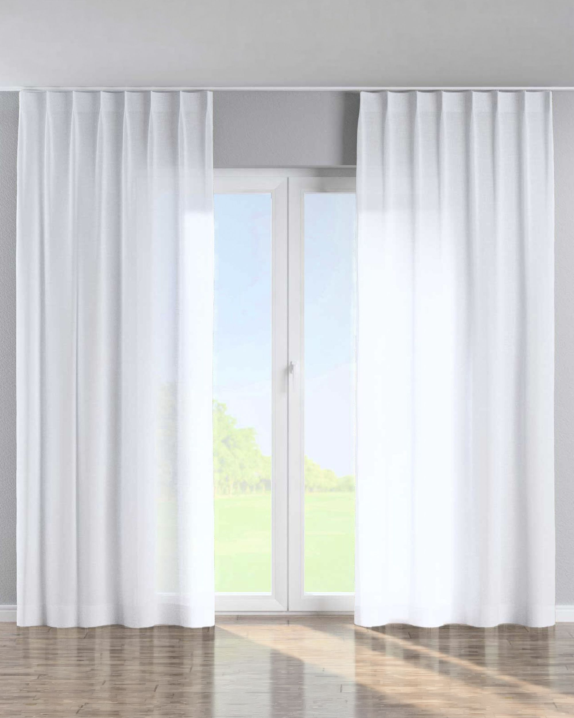 Single pinch pleat curtain colour white fabric semi-sheer, structured