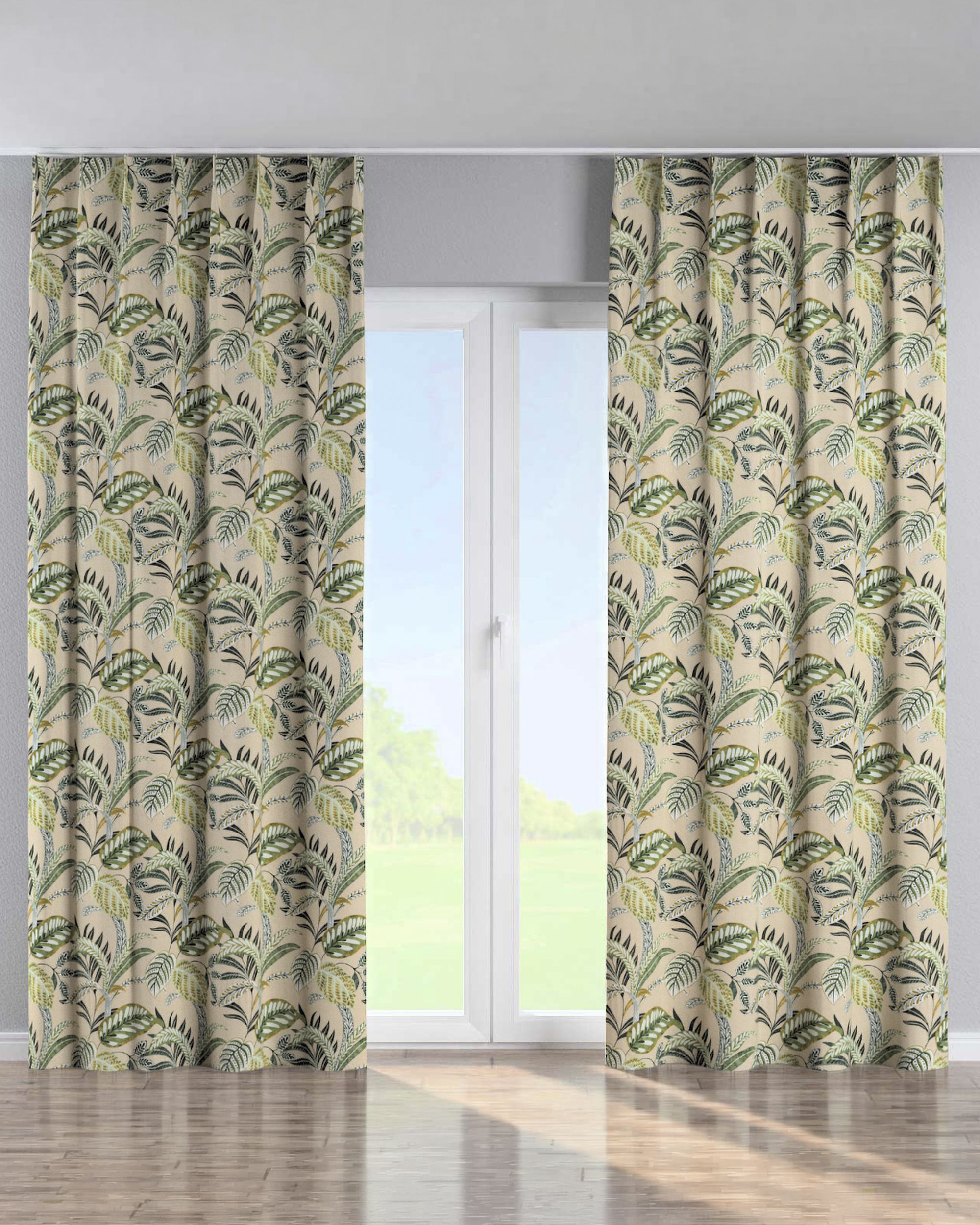 Single pinch pleat curtain colour green fabric patterned