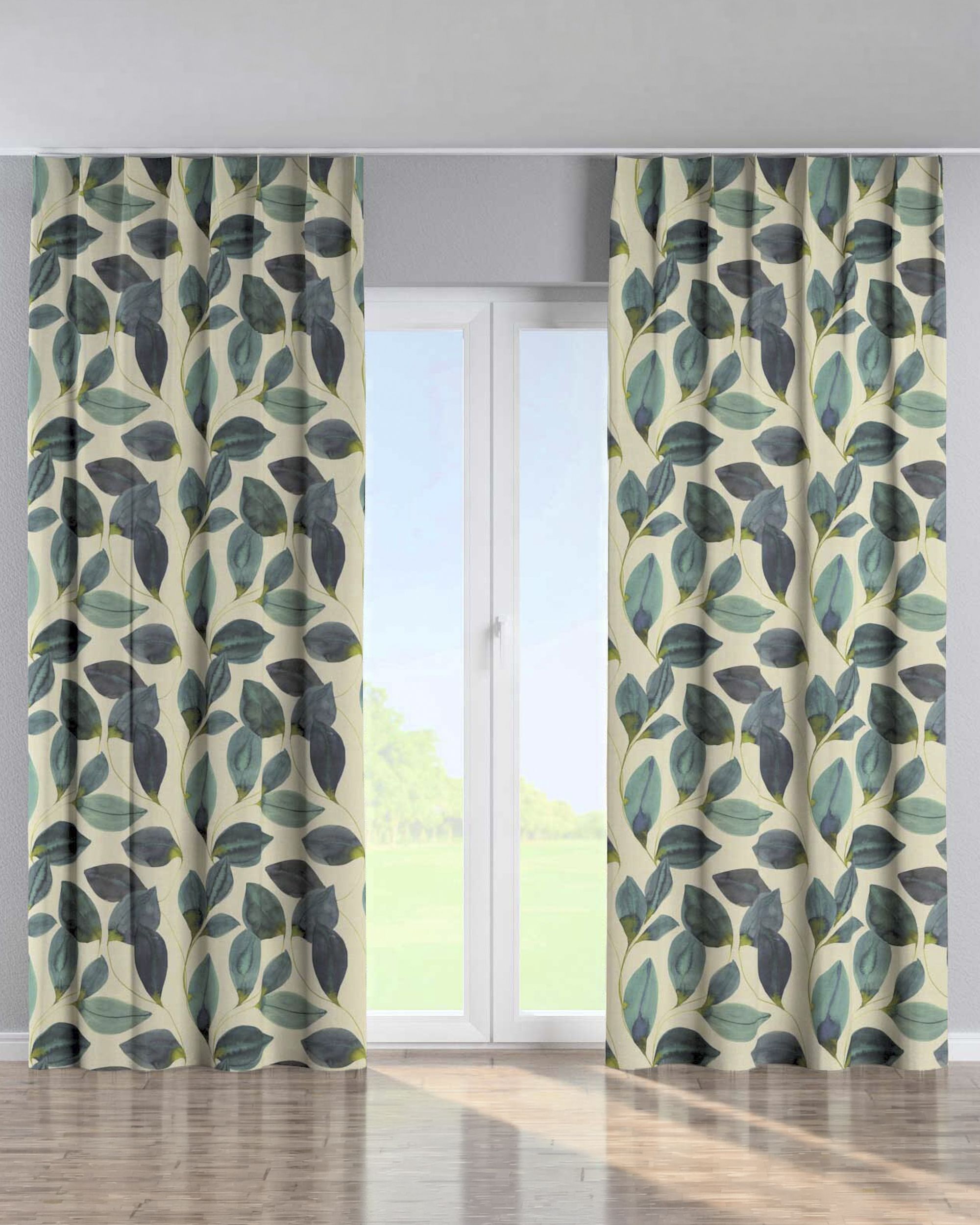 Single pinch pleat curtain colour green fabric patterned