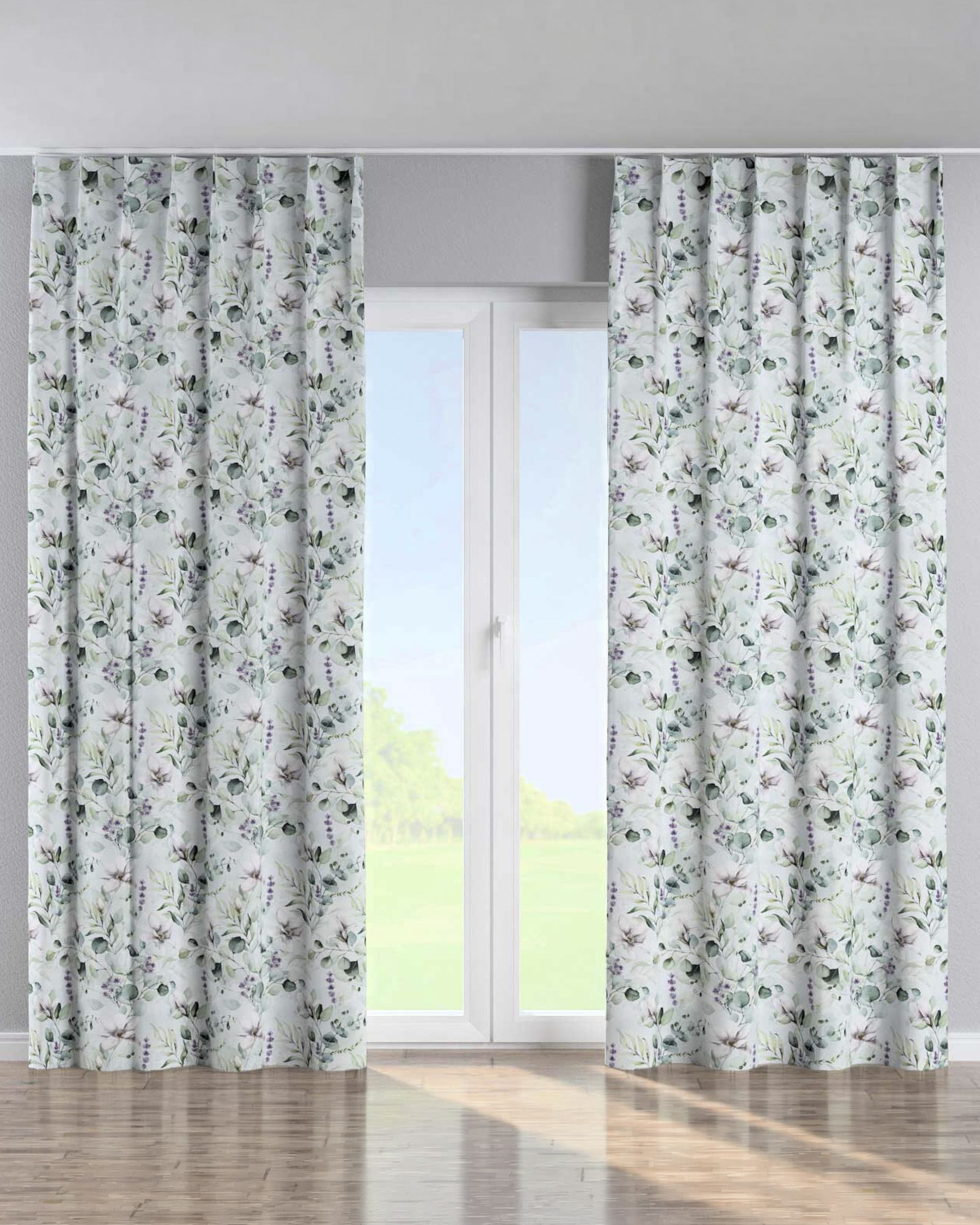 Single pinch pleat curtain colour green fabric patterned