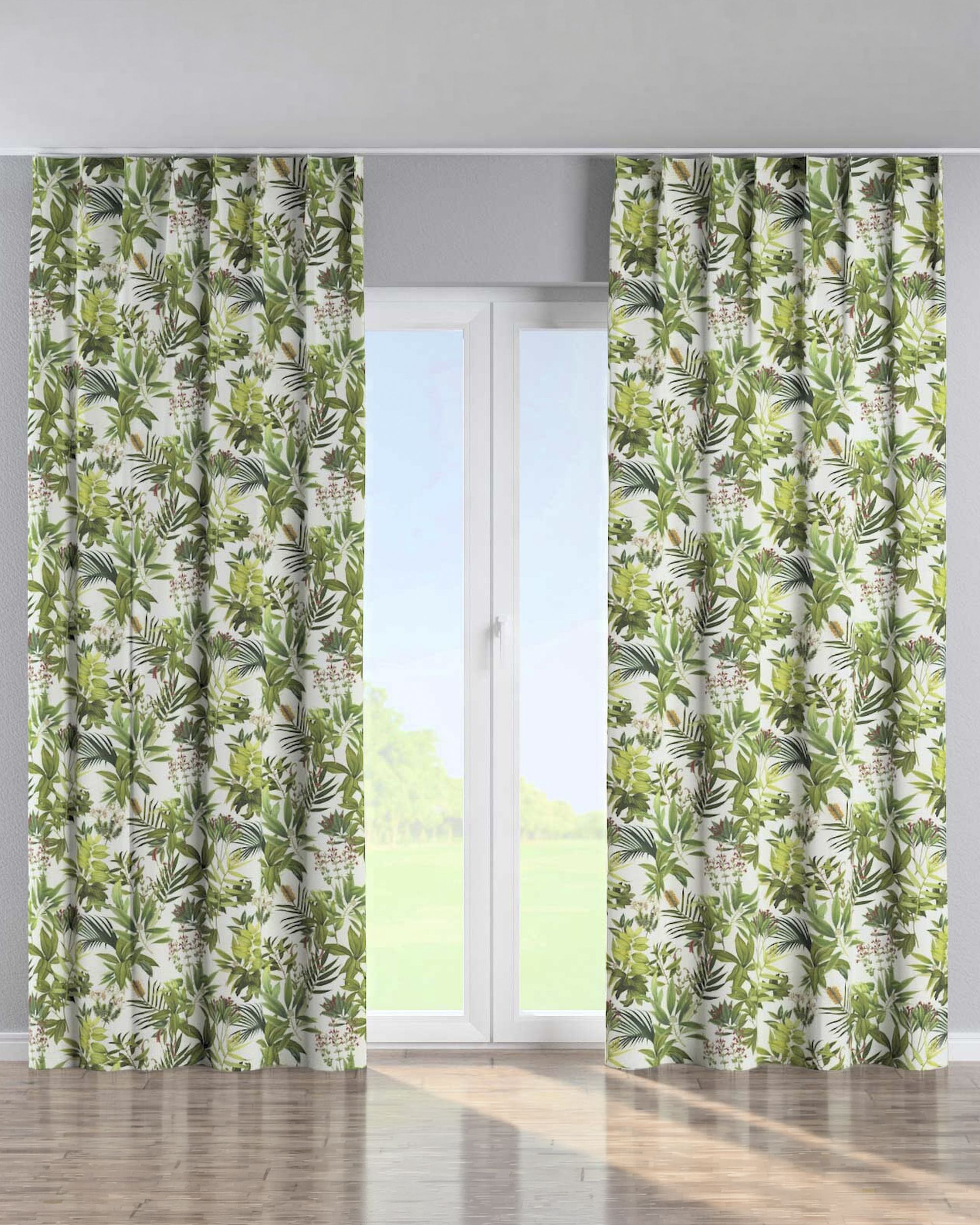 Single pinch pleat curtain colour green fabric patterned