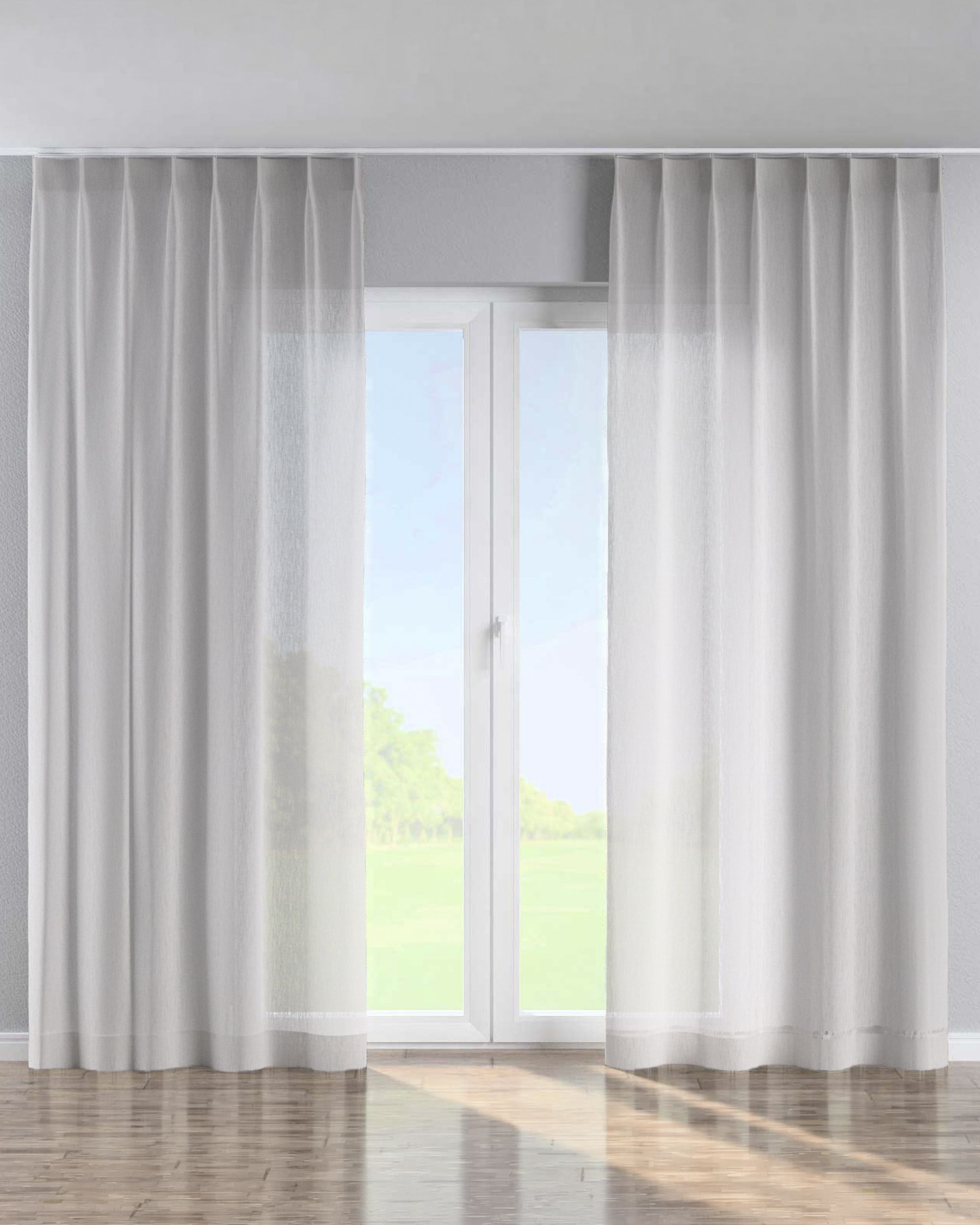 Single pinch pleat curtain colour beige fabric semi-sheer, structured