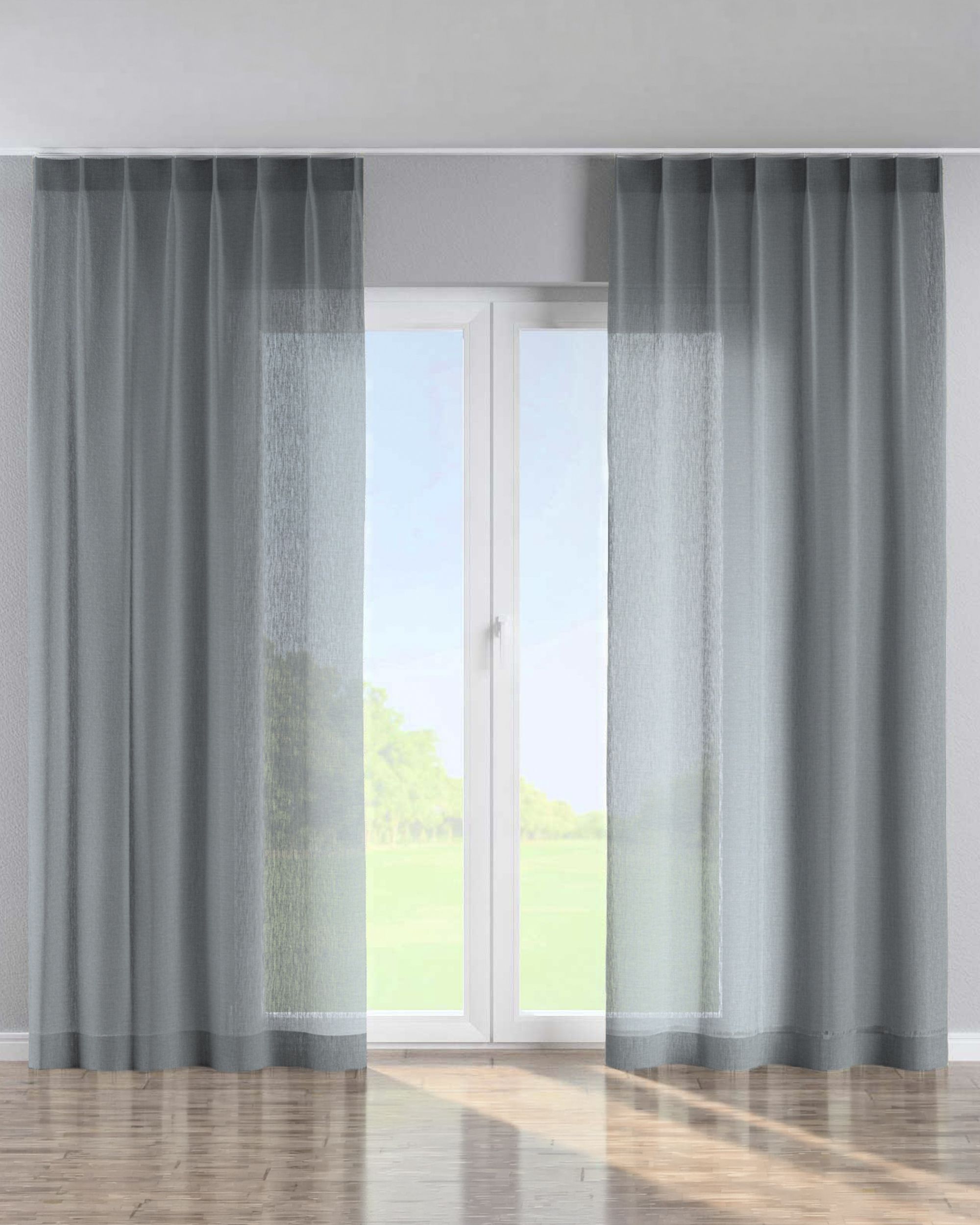 Single pinch pleat curtain colour green fabric semi-sheer, structured