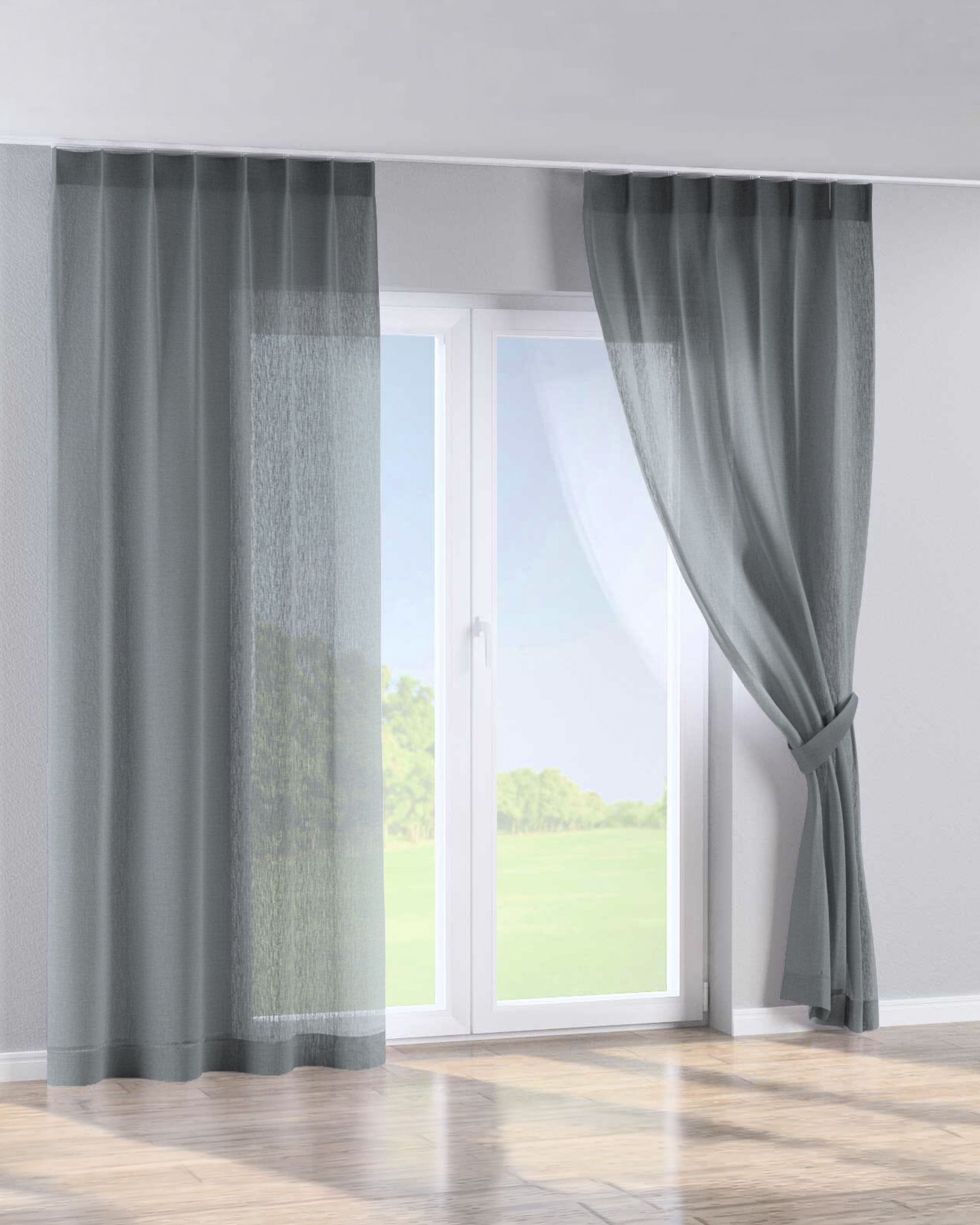 Single pinch pleat curtain colour green fabric semi-sheer, structured (hover)