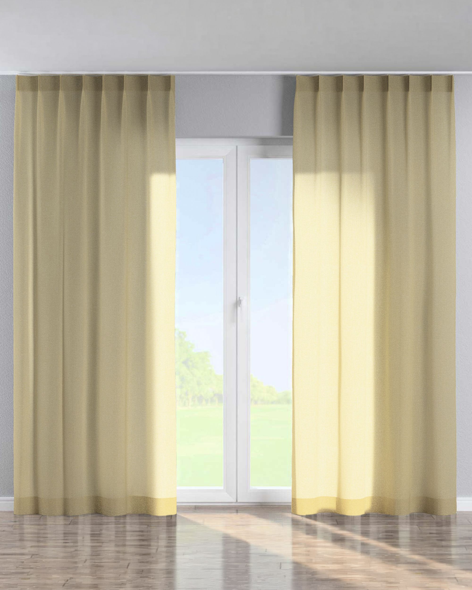 Single pinch pleat curtain colour beige fabric semi-sheer, gloss, structured