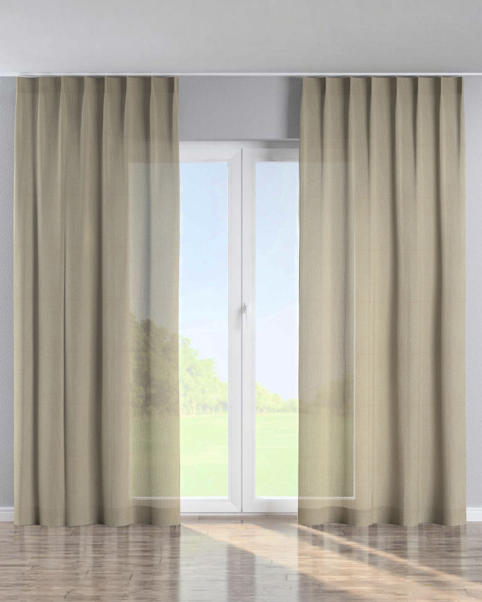 Single pinch pleat curtain colour beige fabric semi-sheer, gloss, structured