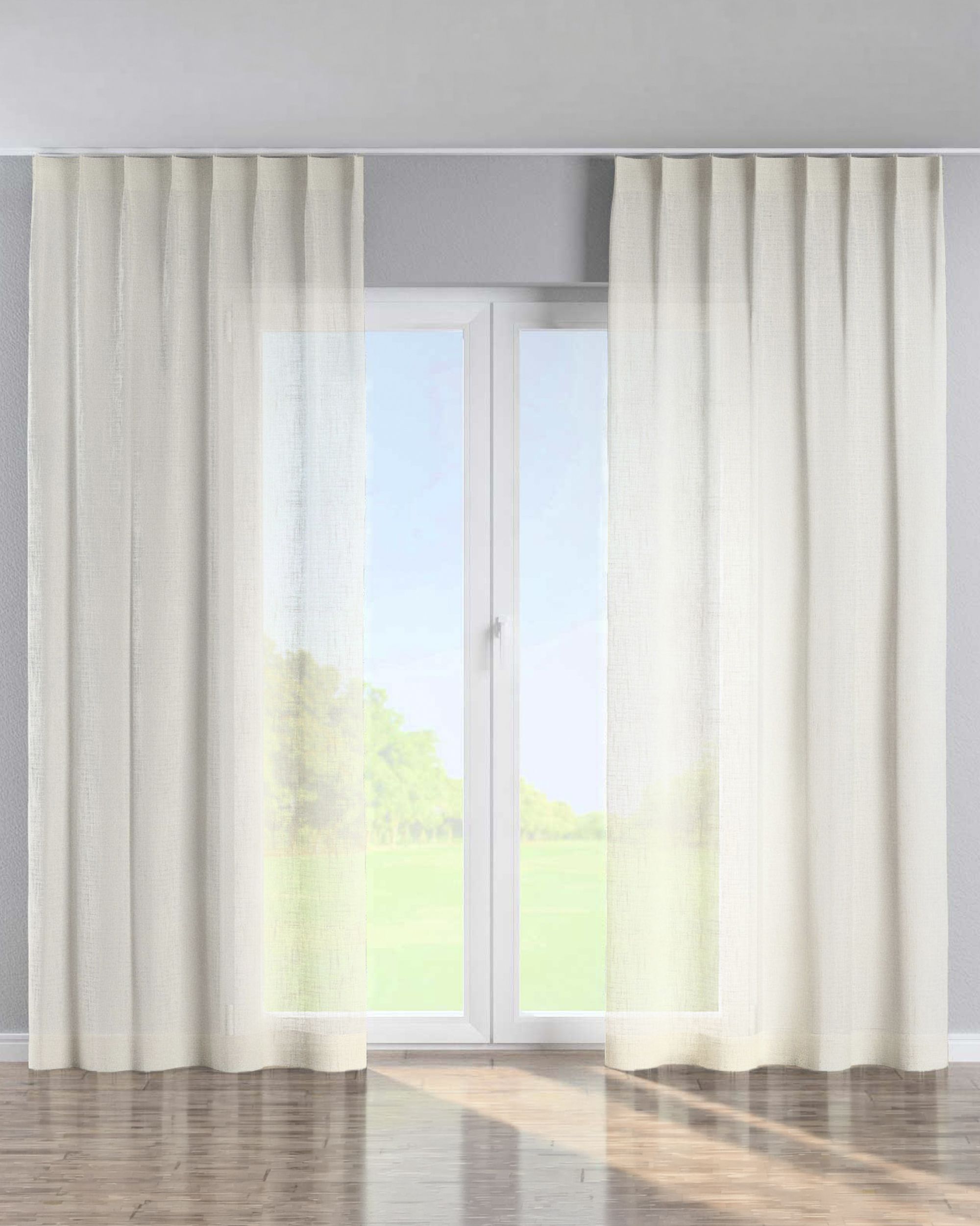 Single pinch pleat curtain colour white fabric semi-sheer, gloss, structured