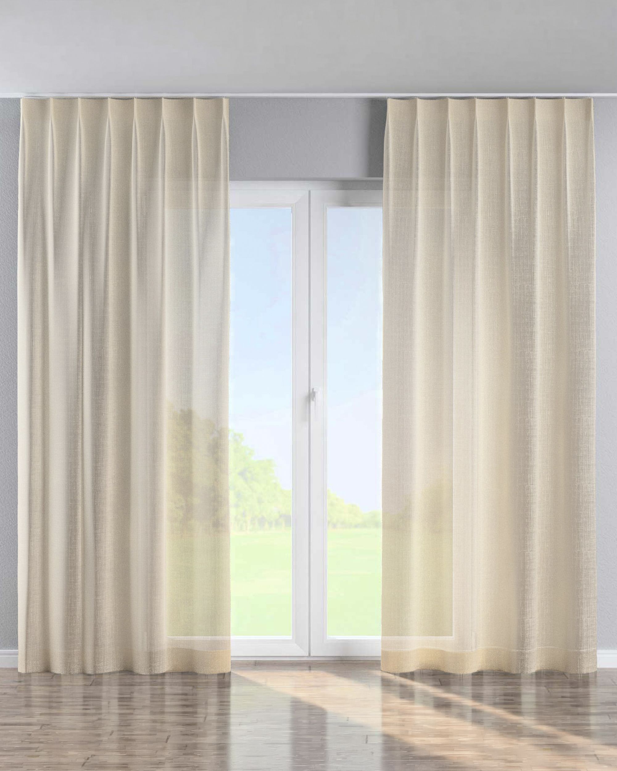 Single pinch pleat curtain colour cream fabric semi-sheer, gloss, structured