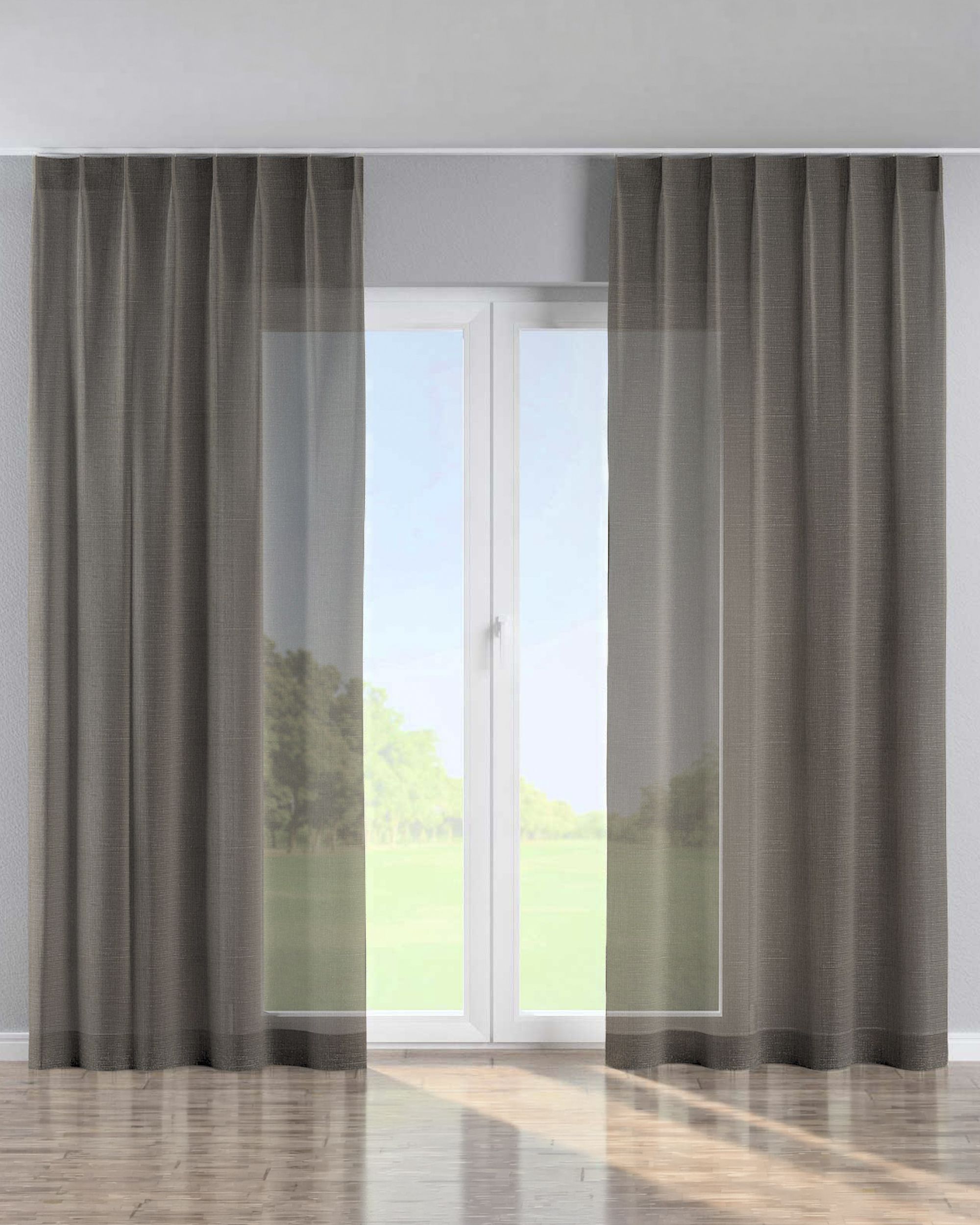 Single pinch pleat curtain colour grey fabric semi-sheer, structured