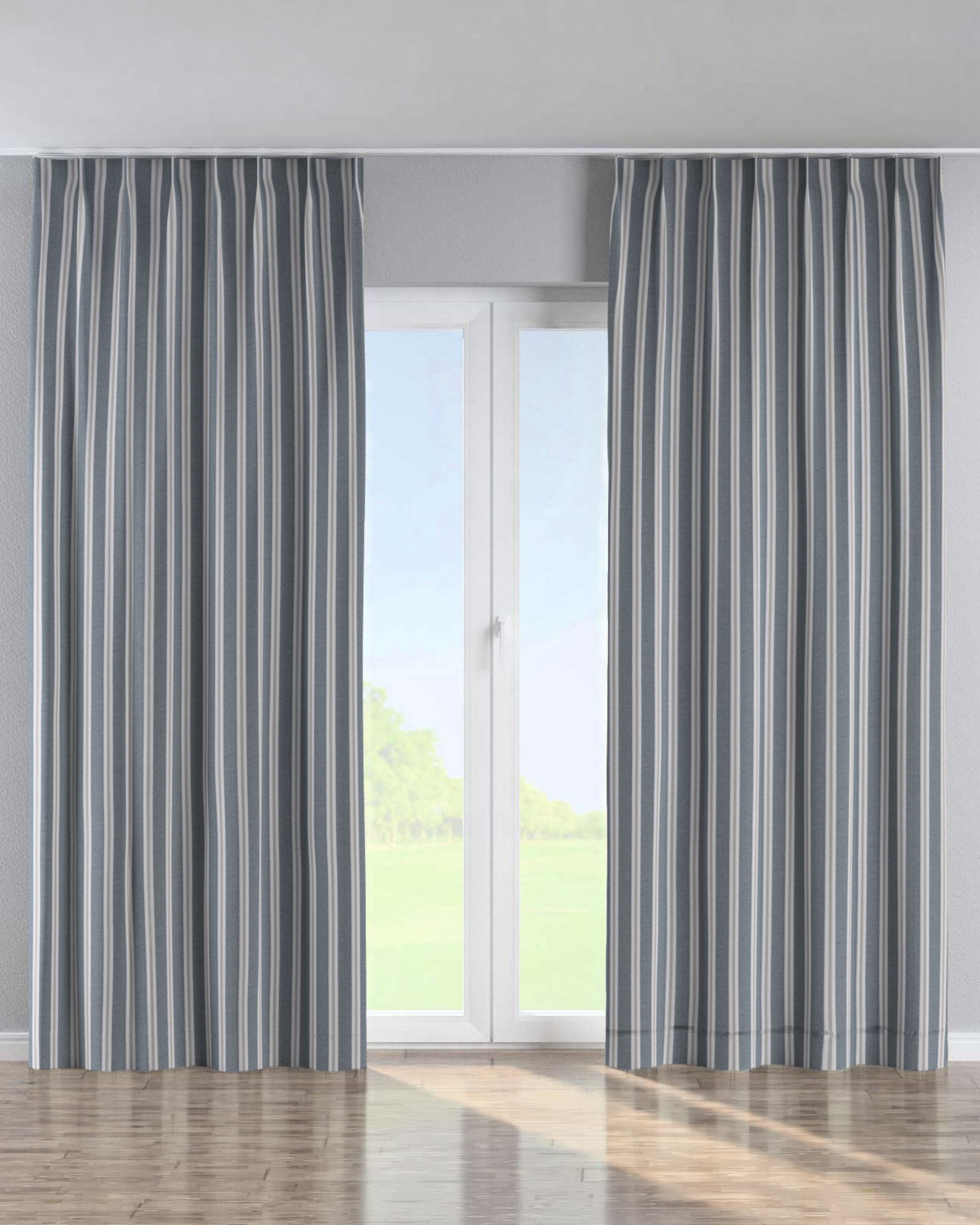 Single pinch pleat curtain colour blue fabric structured, patterned
