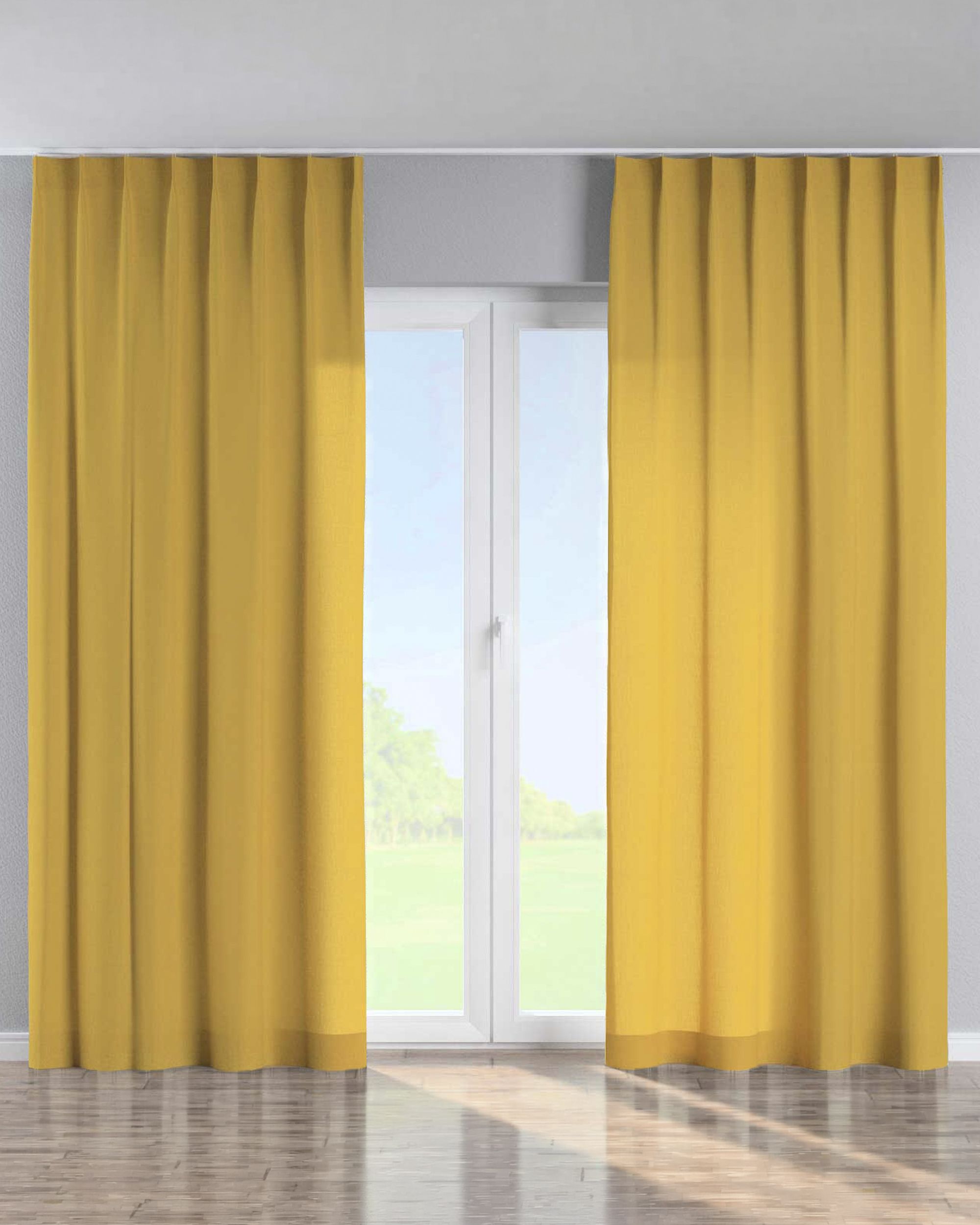 Single pinch pleat curtain colour yellow fabric semi-sheer, structured