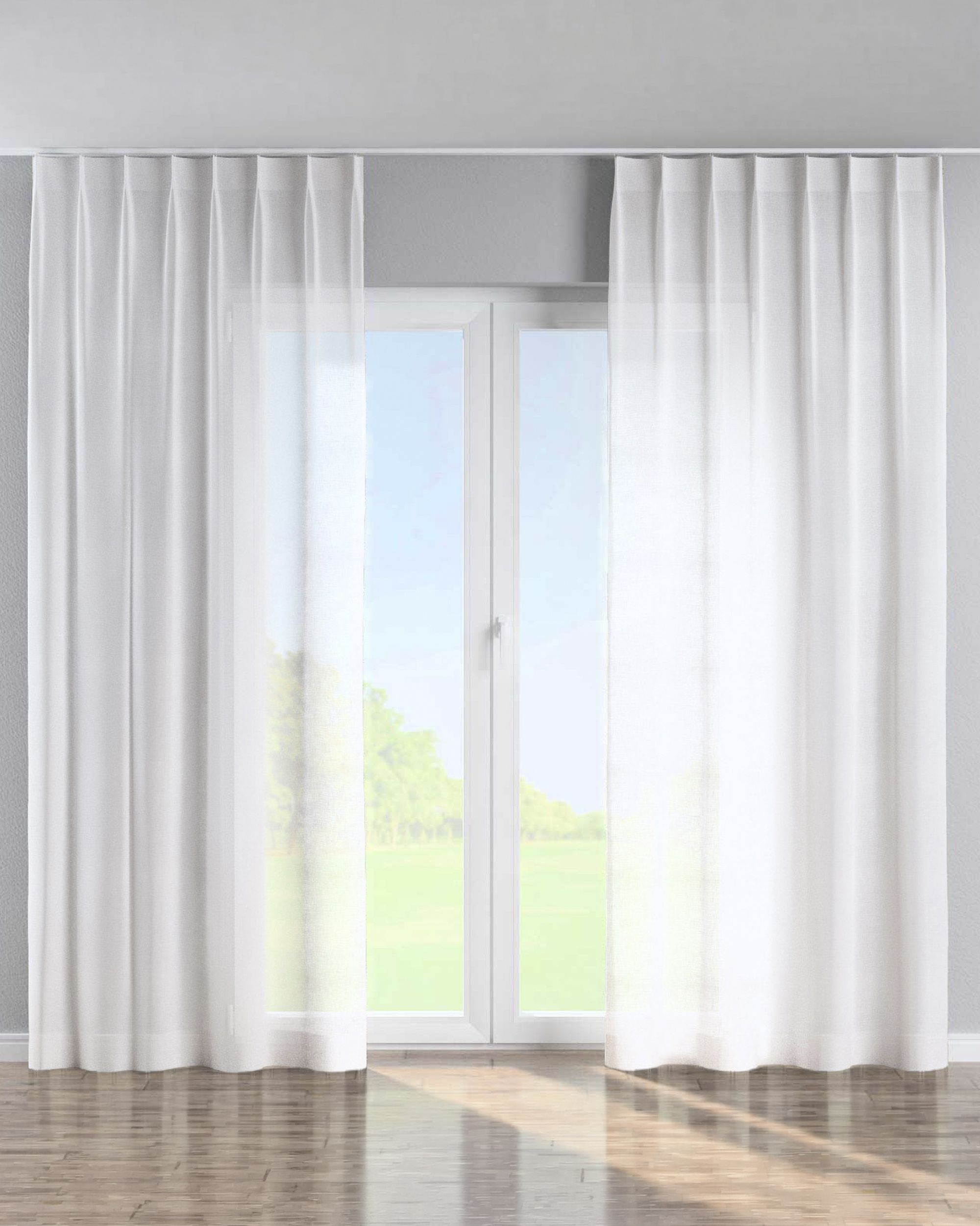 Single pinch pleat curtain colour white fabric semi-sheer, structured