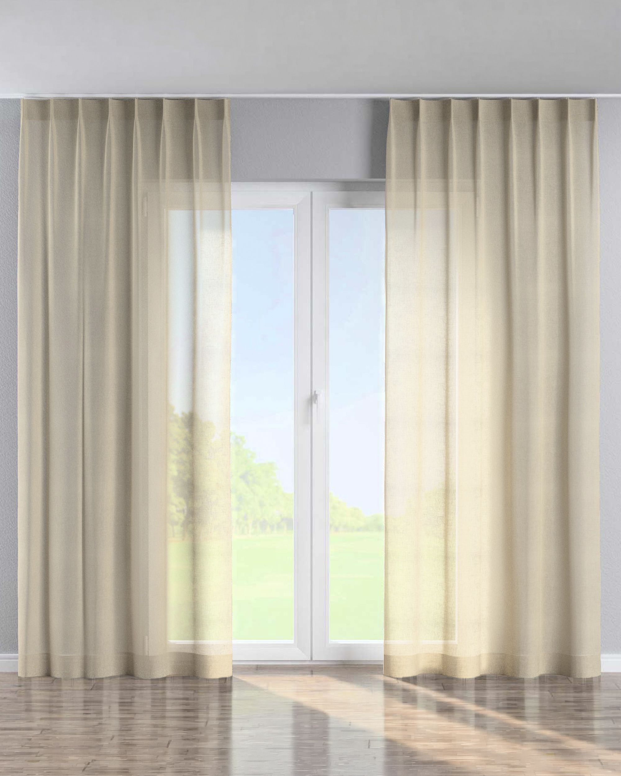 Single pinch pleat curtain colour beige fabric semi-sheer, structured