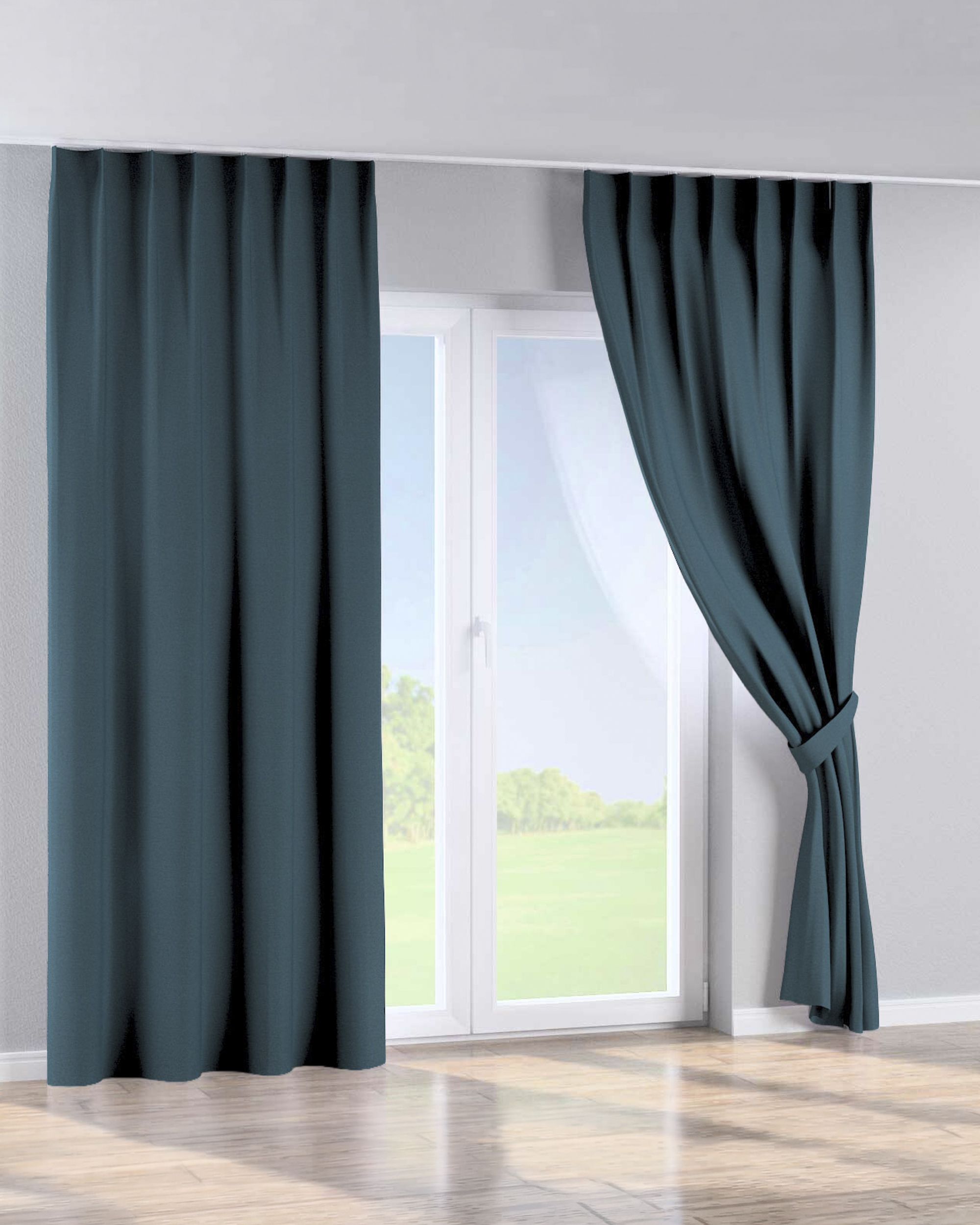 Single pinch pleat curtain colour blue fabric structured, blackout (hover)