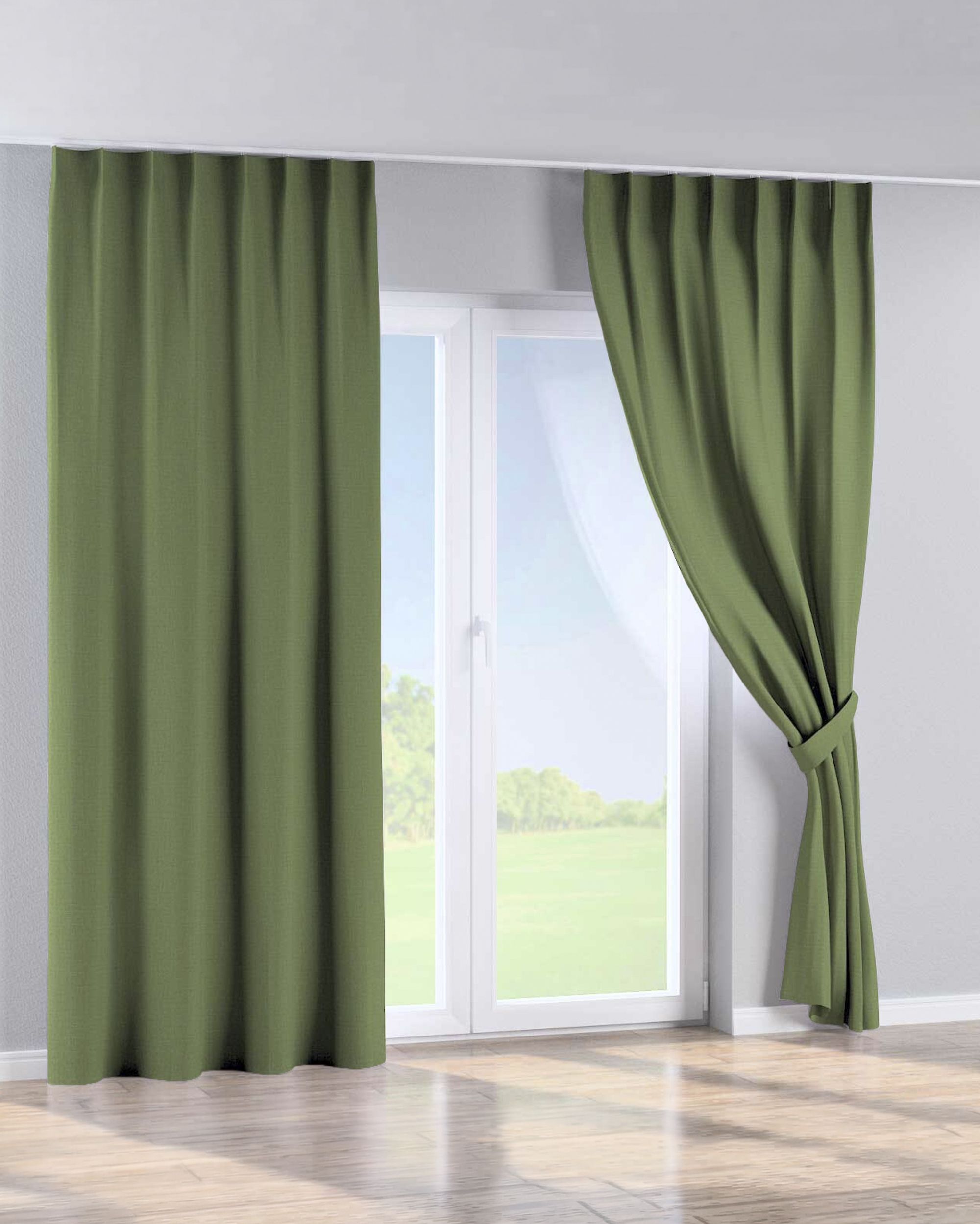 Single pinch pleat curtain colour green fabric structured, blackout (hover)