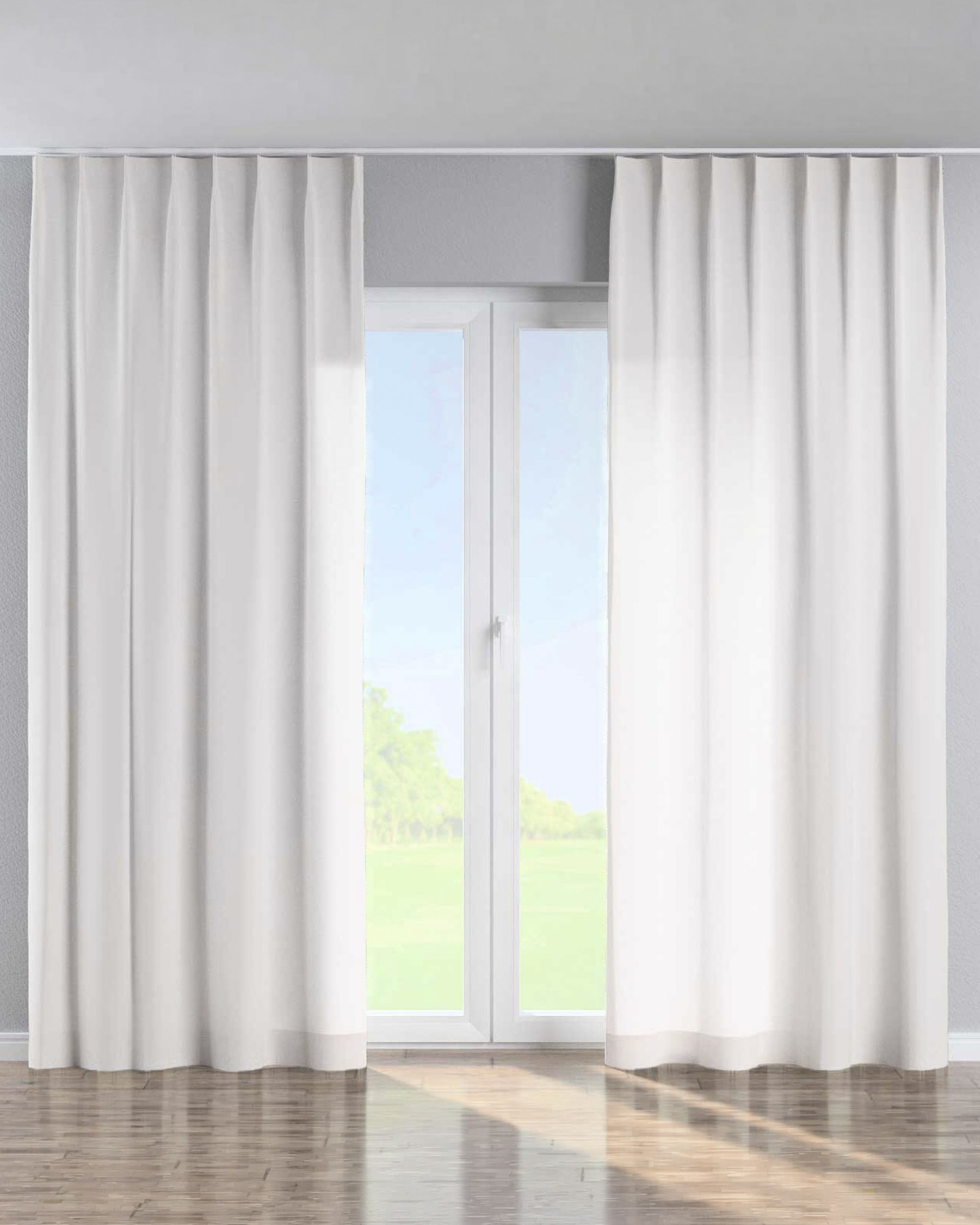 Single pinch pleat curtain colour white fabric semi-sheer, structured