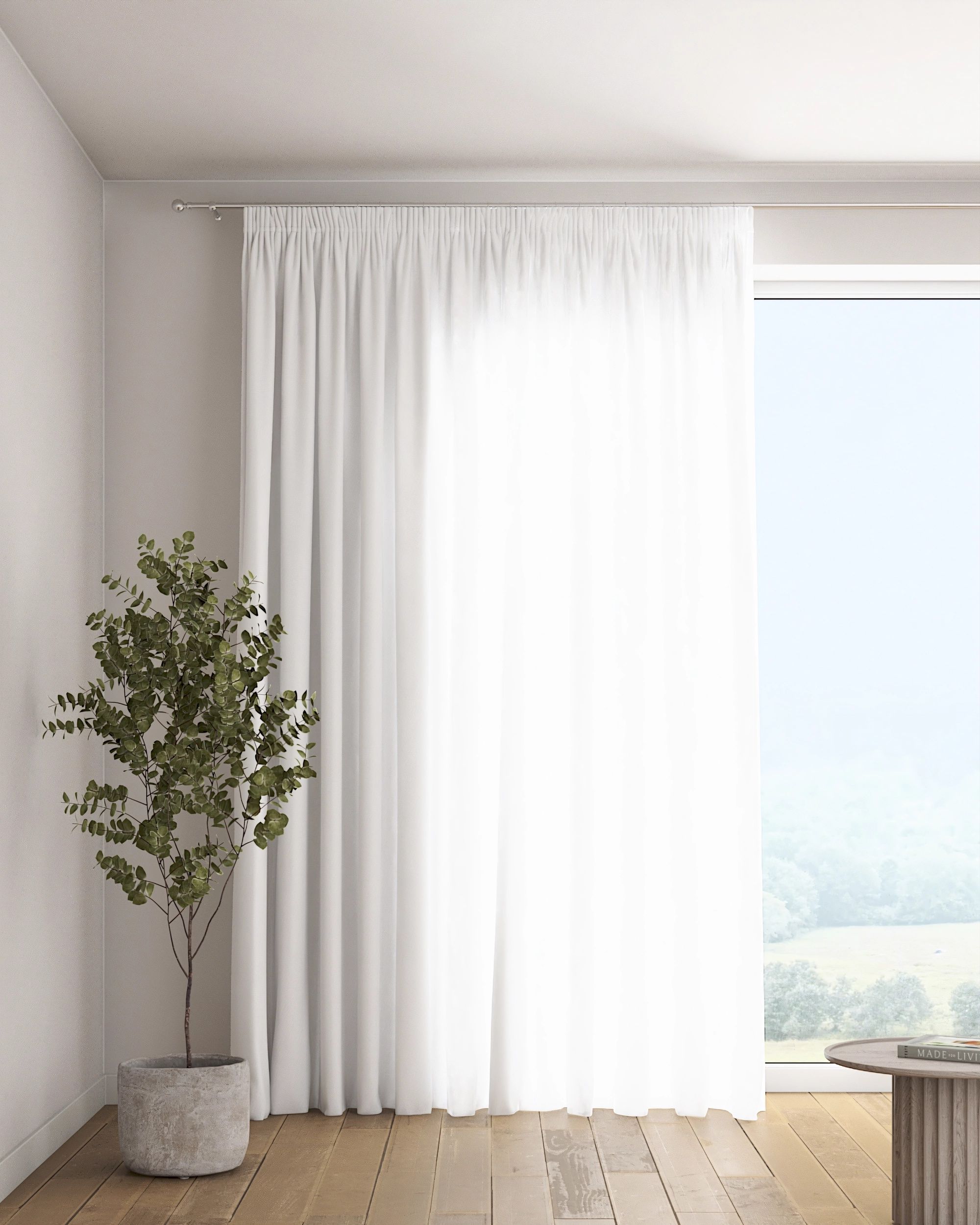 Pencil pleat curtain colour white fabric semi-sheer, structured
