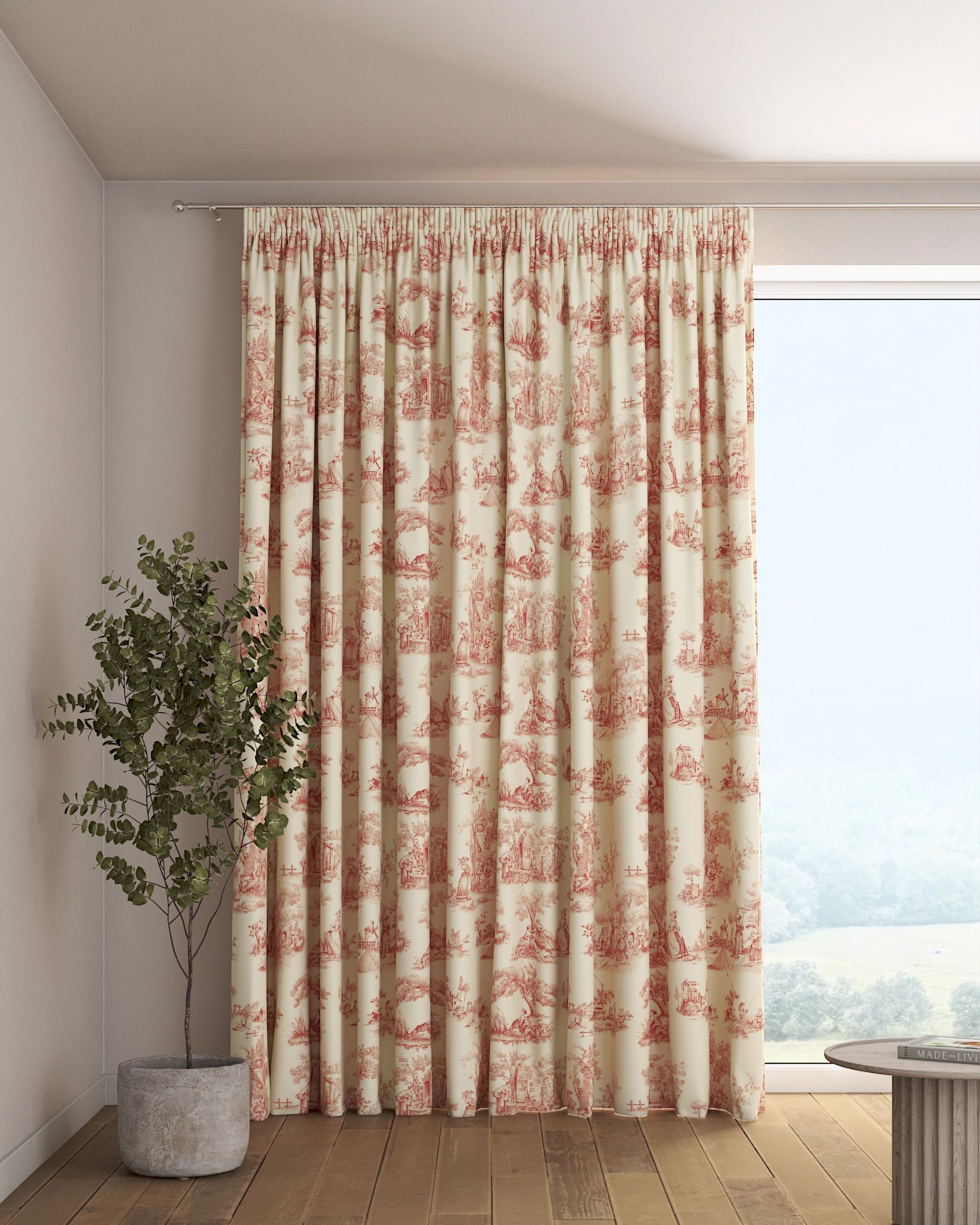 Pencil pleat curtain colour red fabric patterned