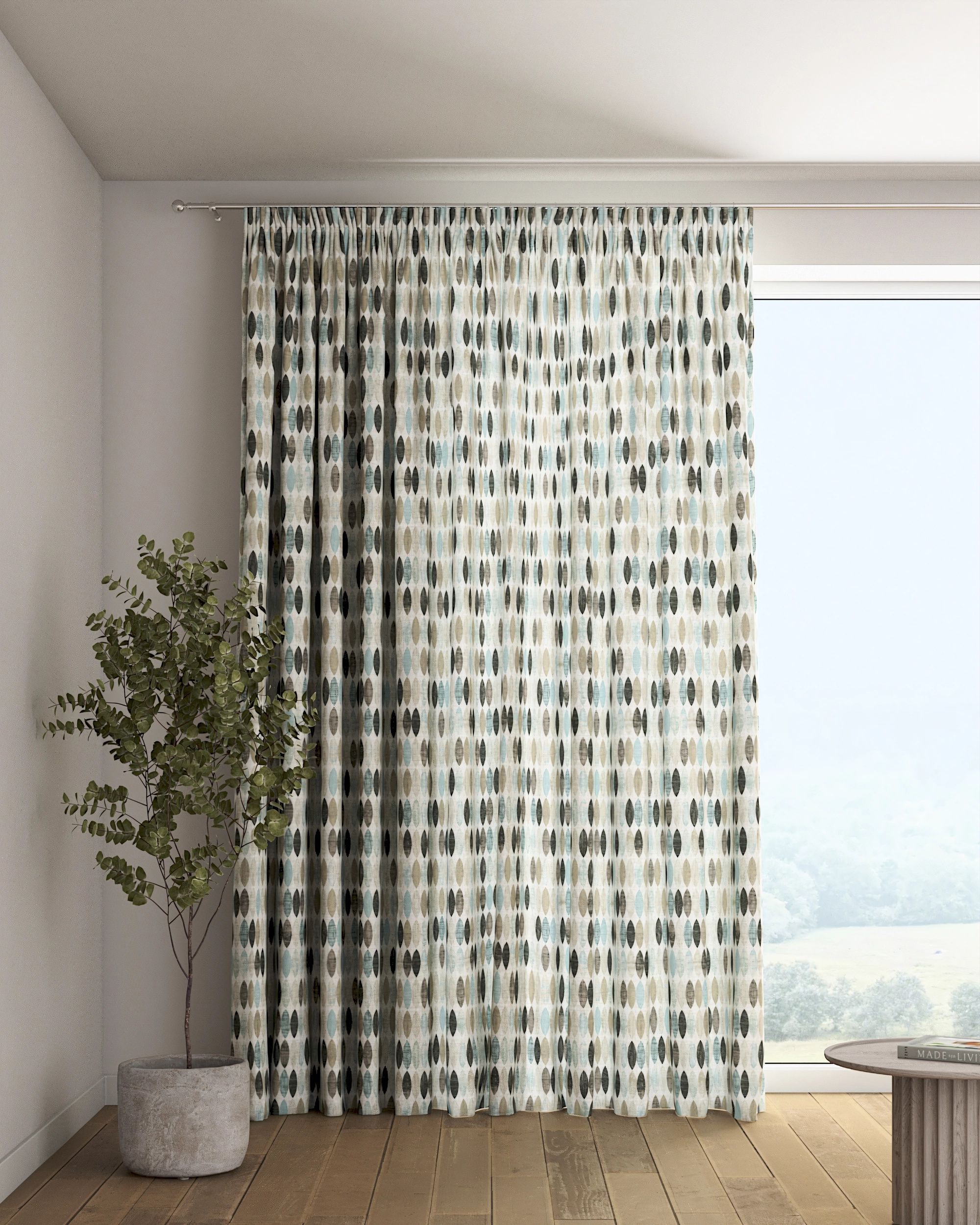 Pencil pleat curtain colour beige fabric patterned