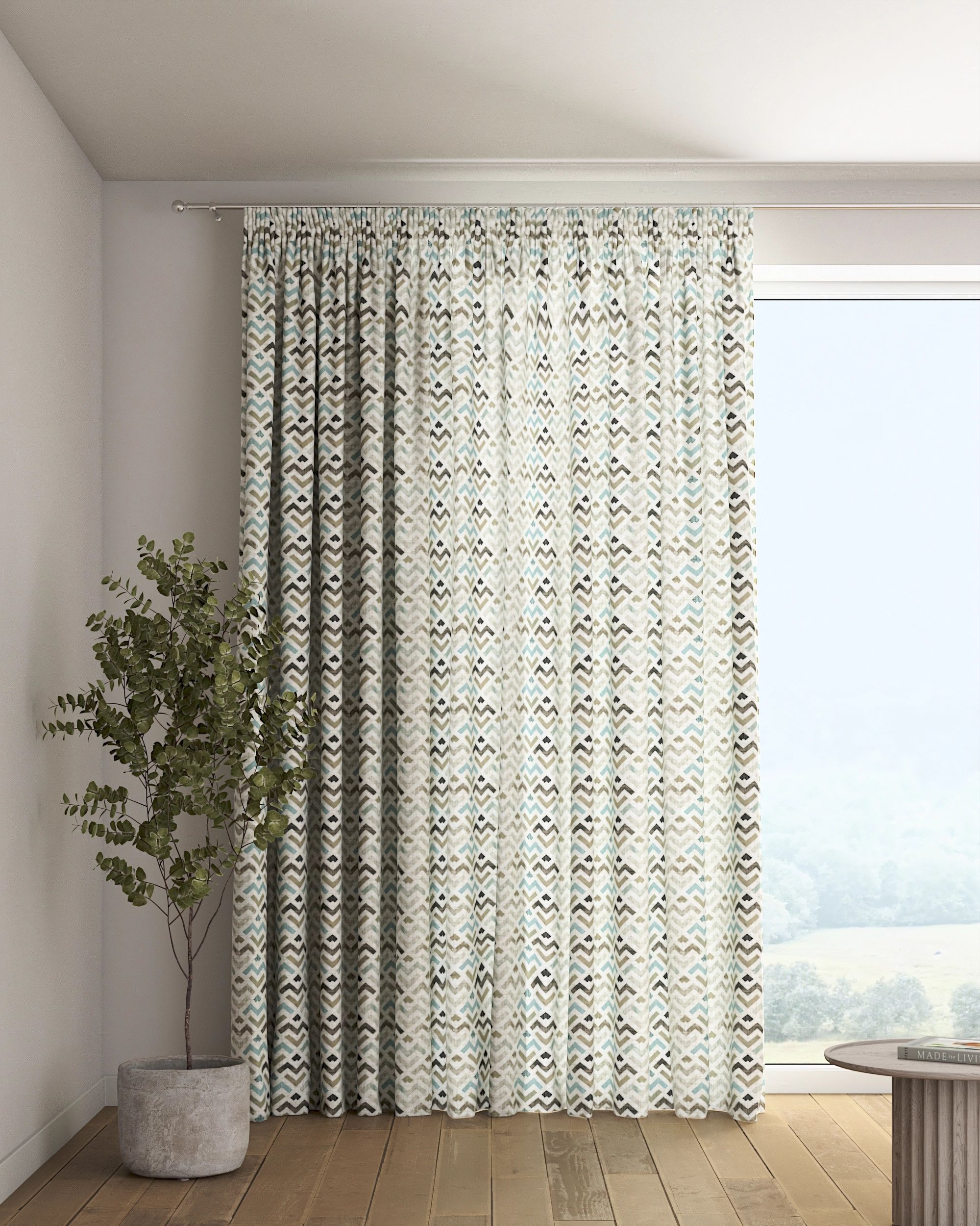 Pencil pleat curtain colour brown fabric patterned