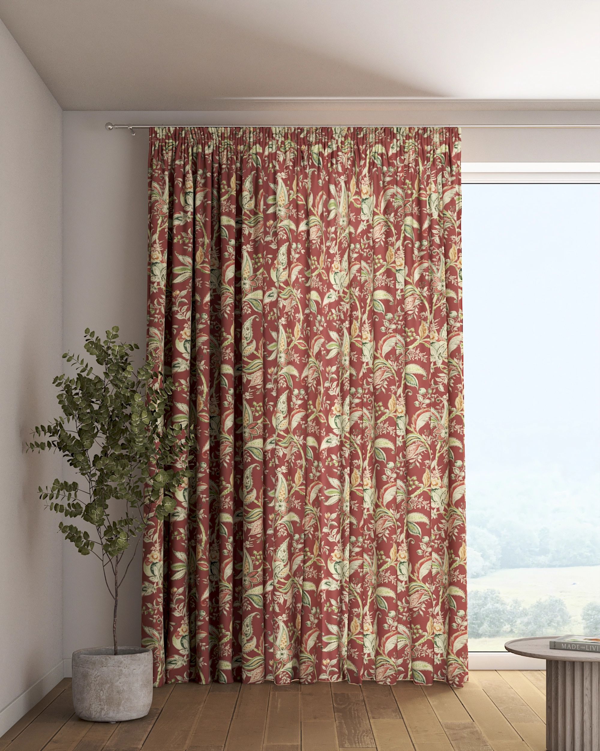 Pencil pleat curtain colour red fabric patterned