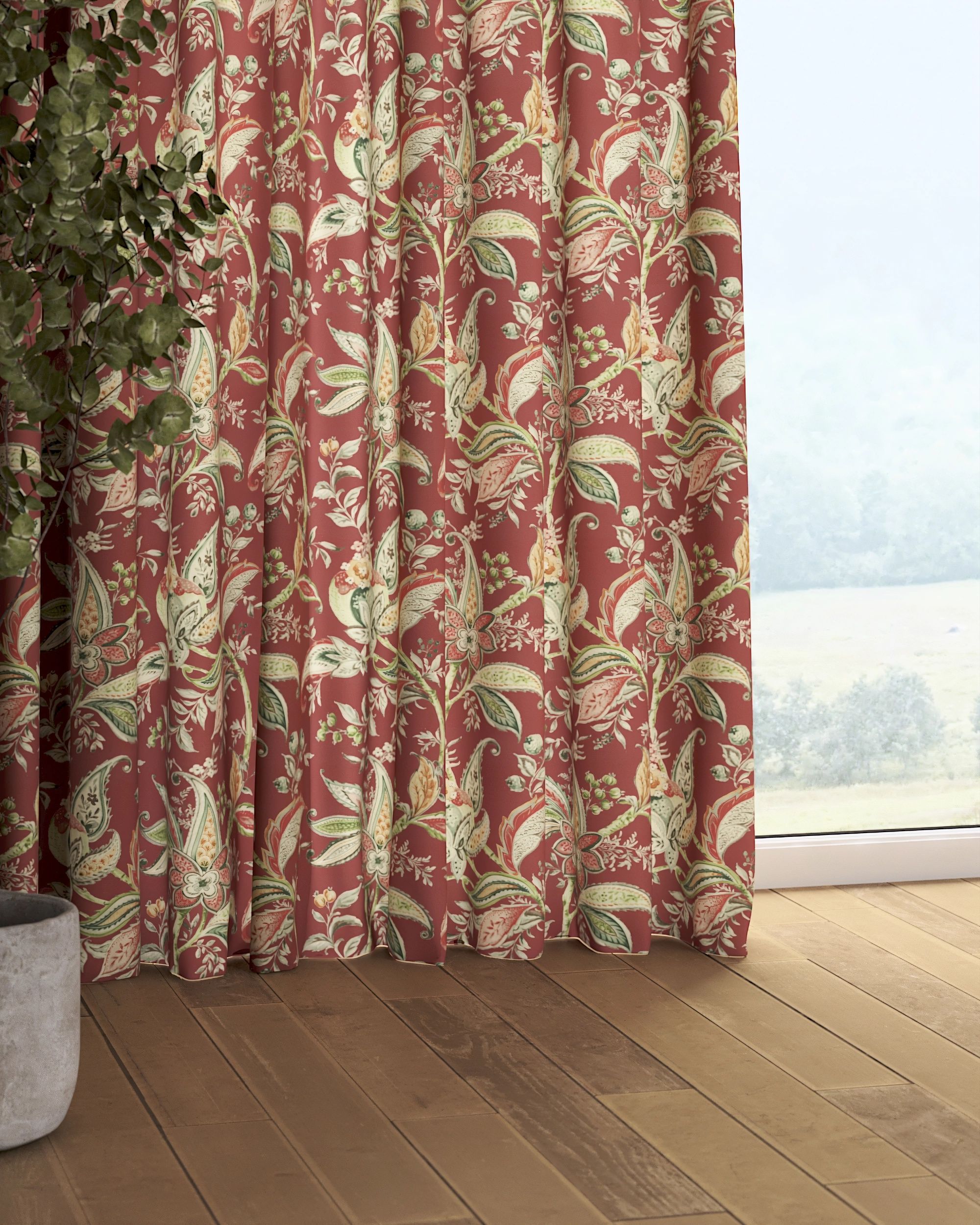 Pencil pleat curtain colour red fabric patterned (hover)