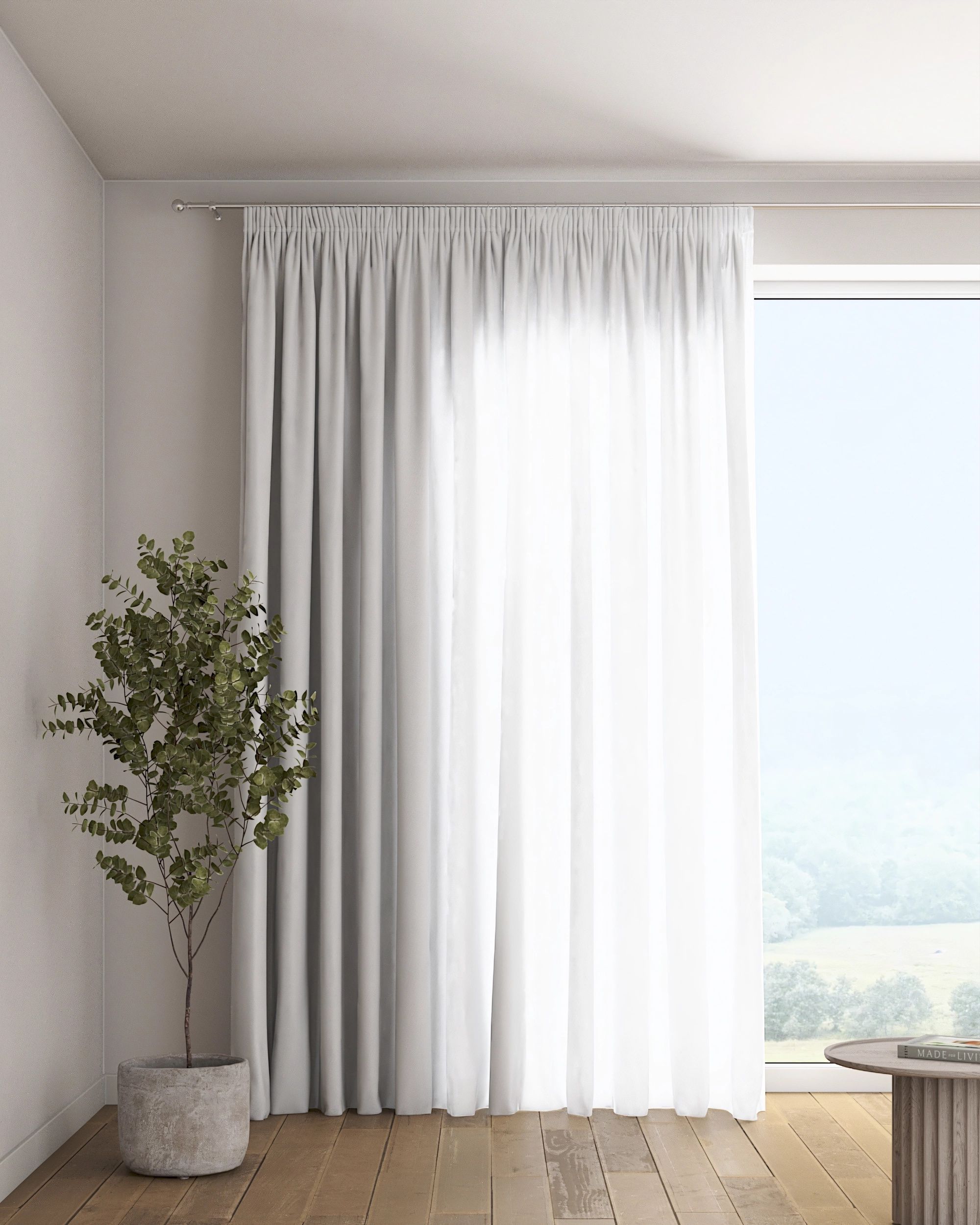 Pencil pleat curtain colour white fabric semi-sheer, structured