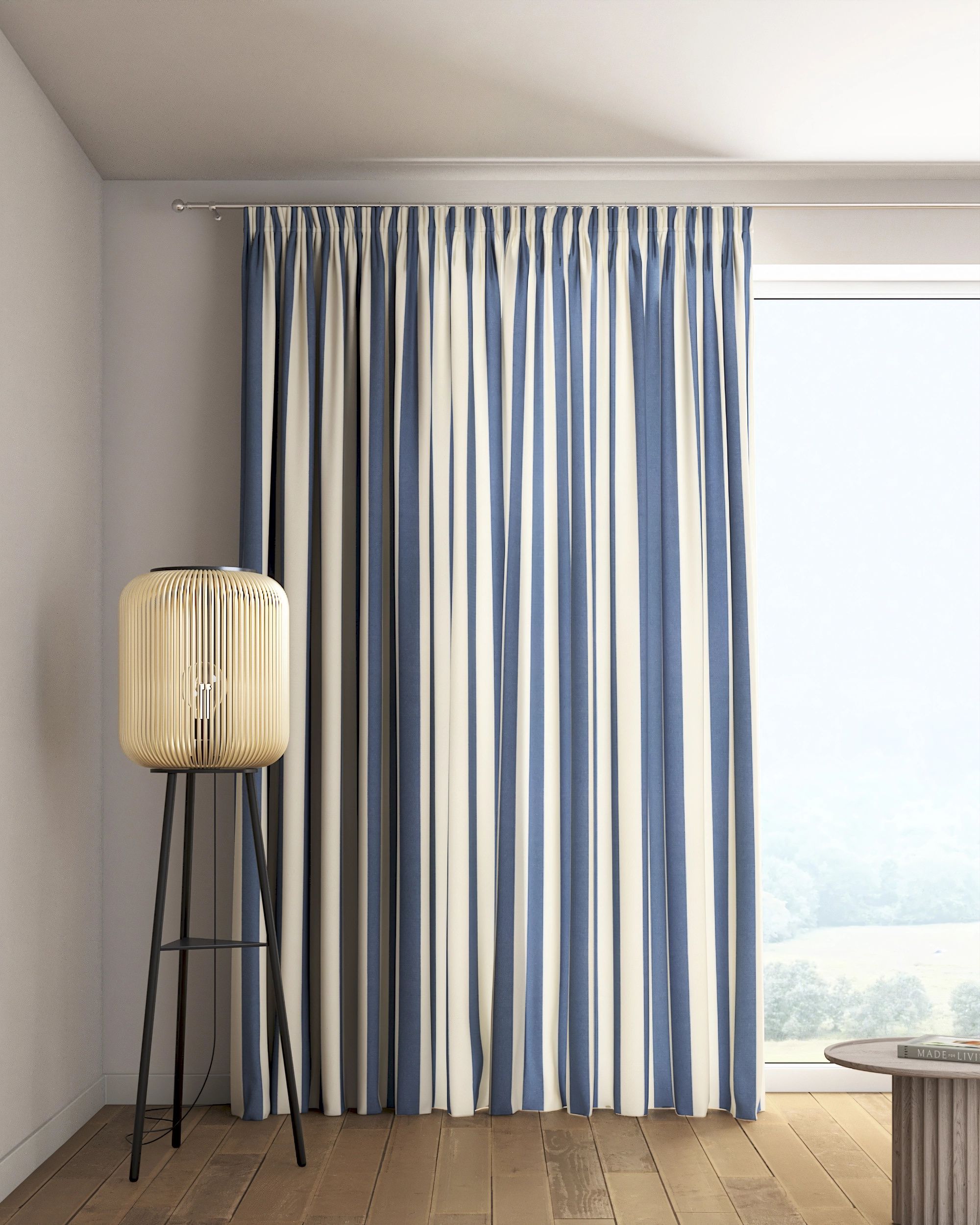 Pencil pleat curtain colour blue fabric patterned