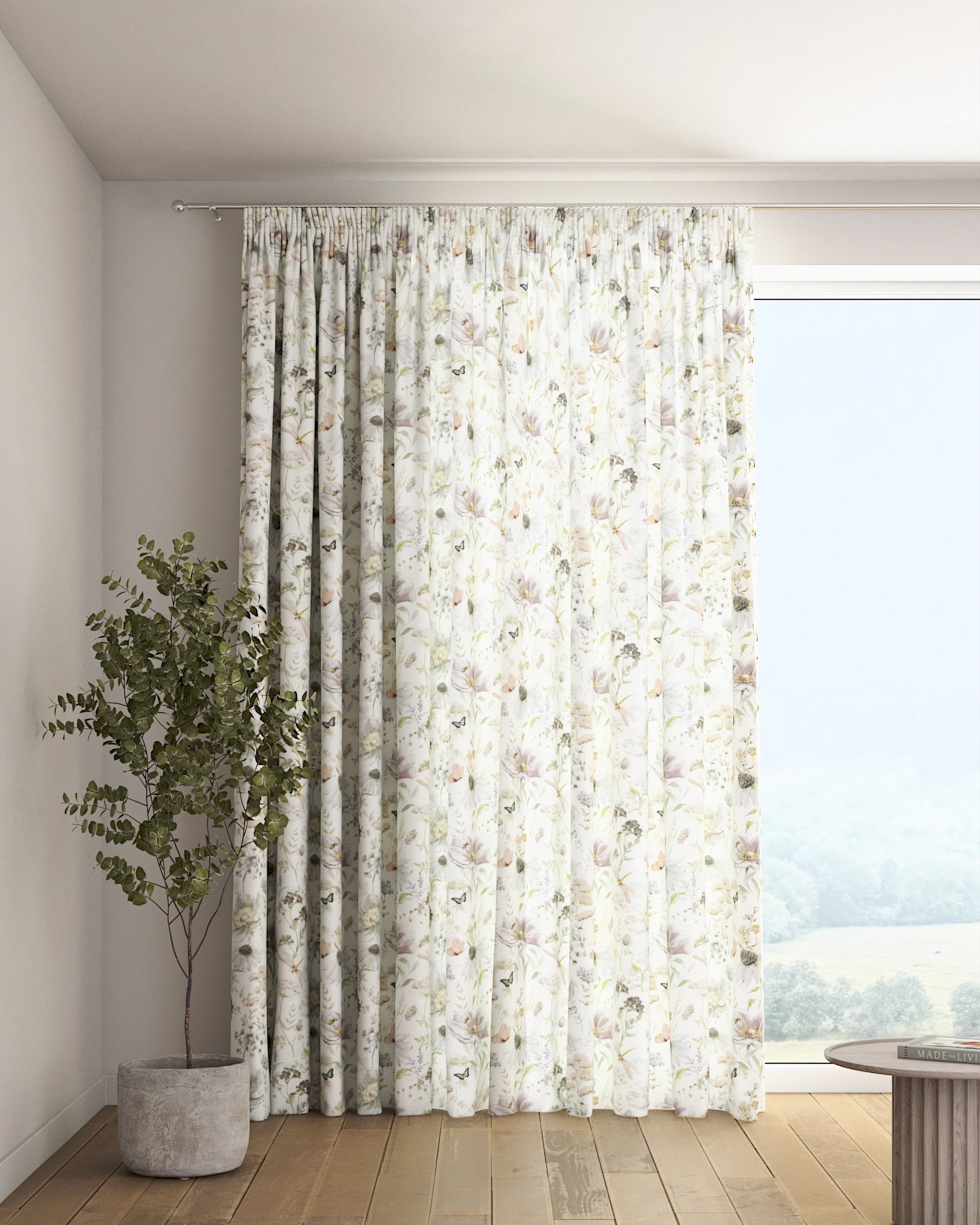 Pencil pleat curtain colour white fabric patterned