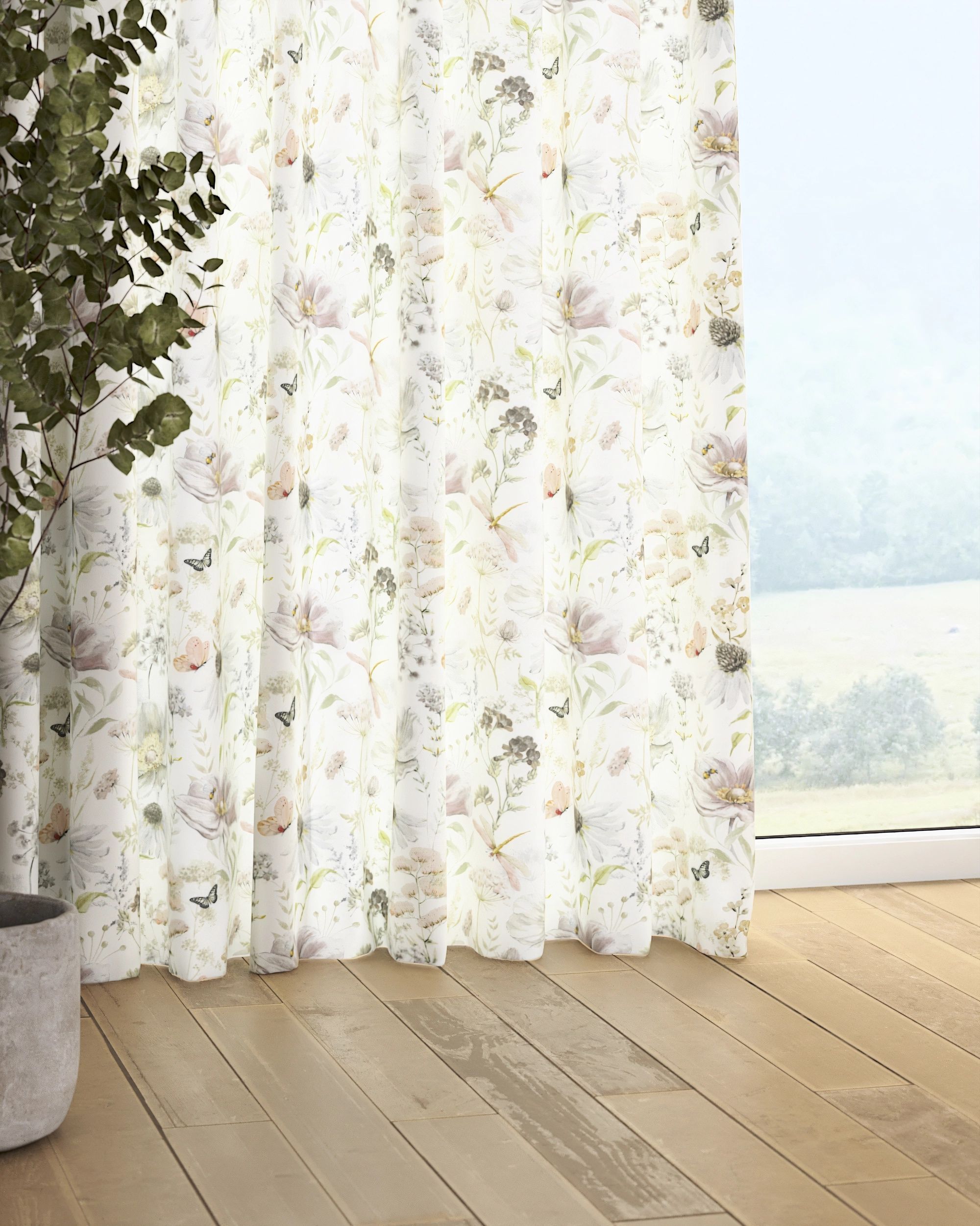 Pencil pleat curtain colour white fabric patterned (hover)