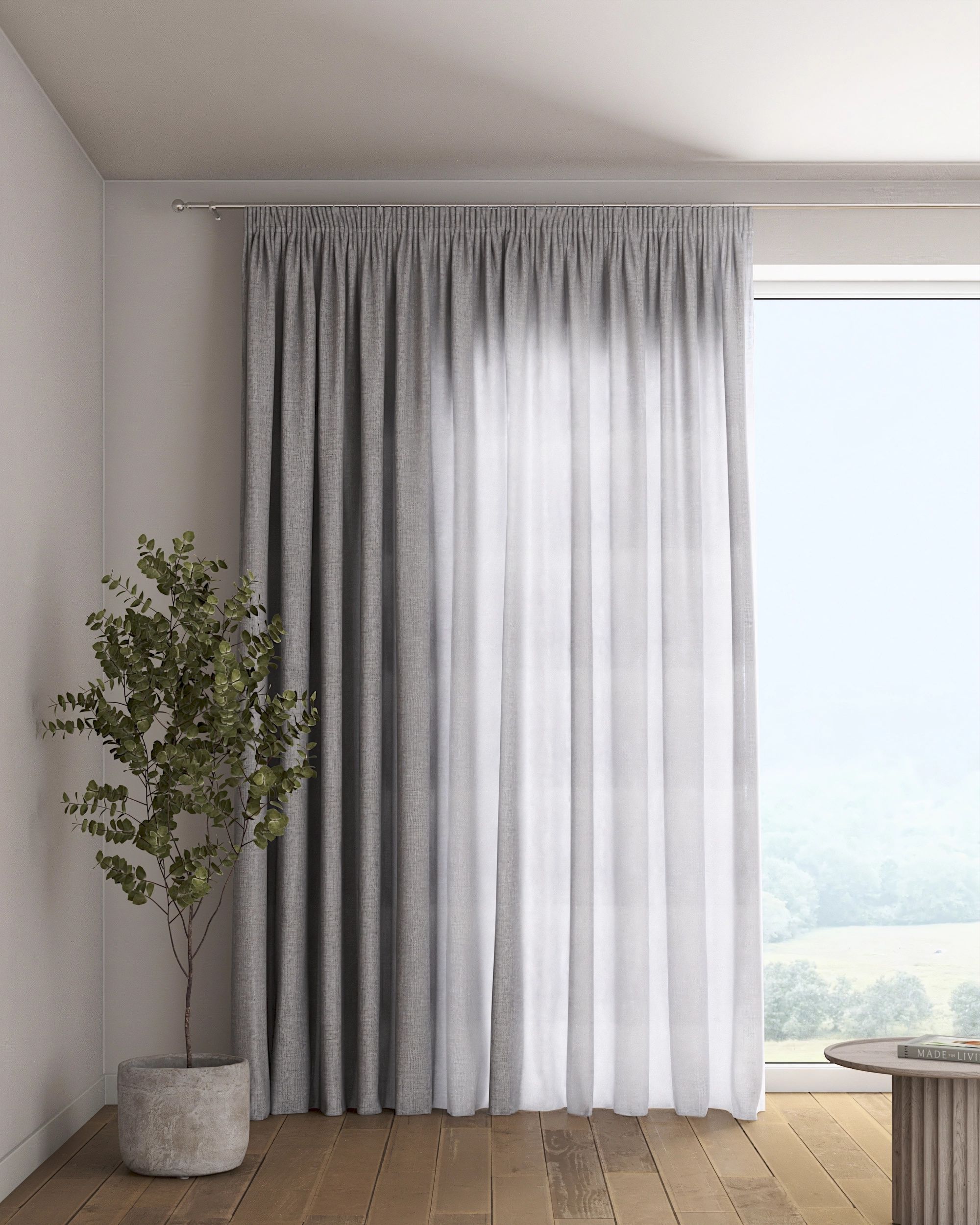 Pencil pleat curtain colour grey fabric semi-sheer, structured