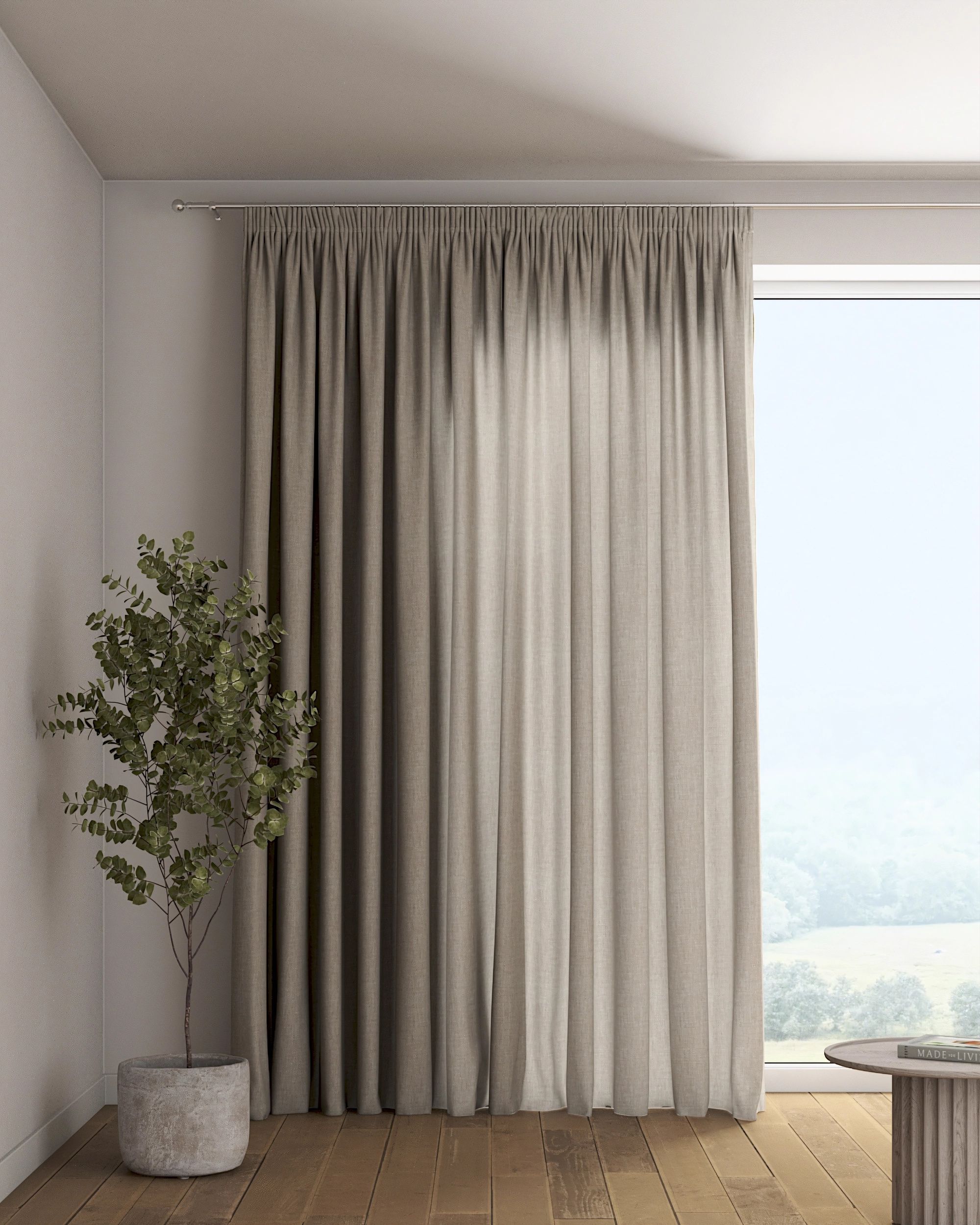 Pencil pleat curtain colour grey fabric structured