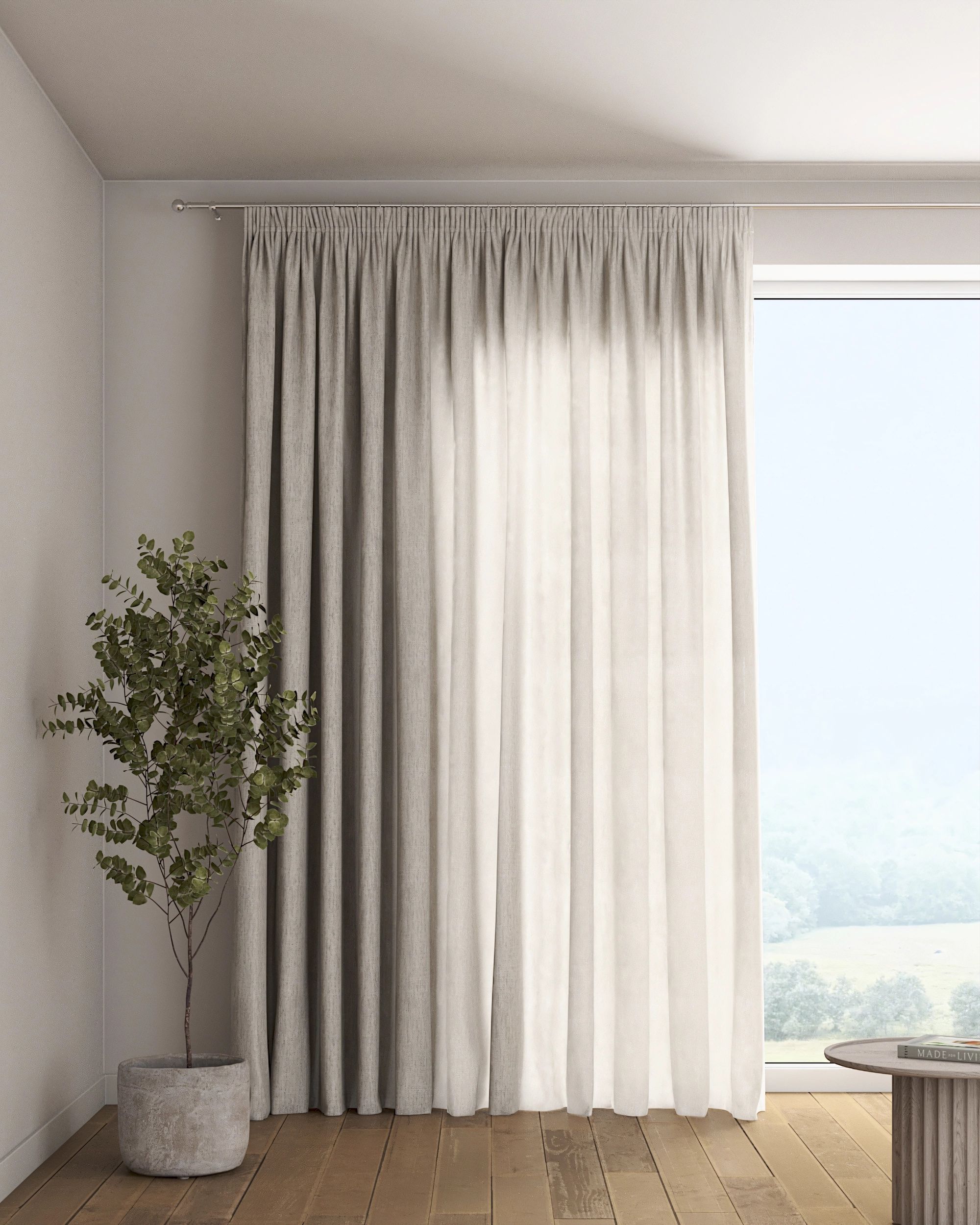 Pencil pleat curtain colour beige fabric semi-sheer, structured
