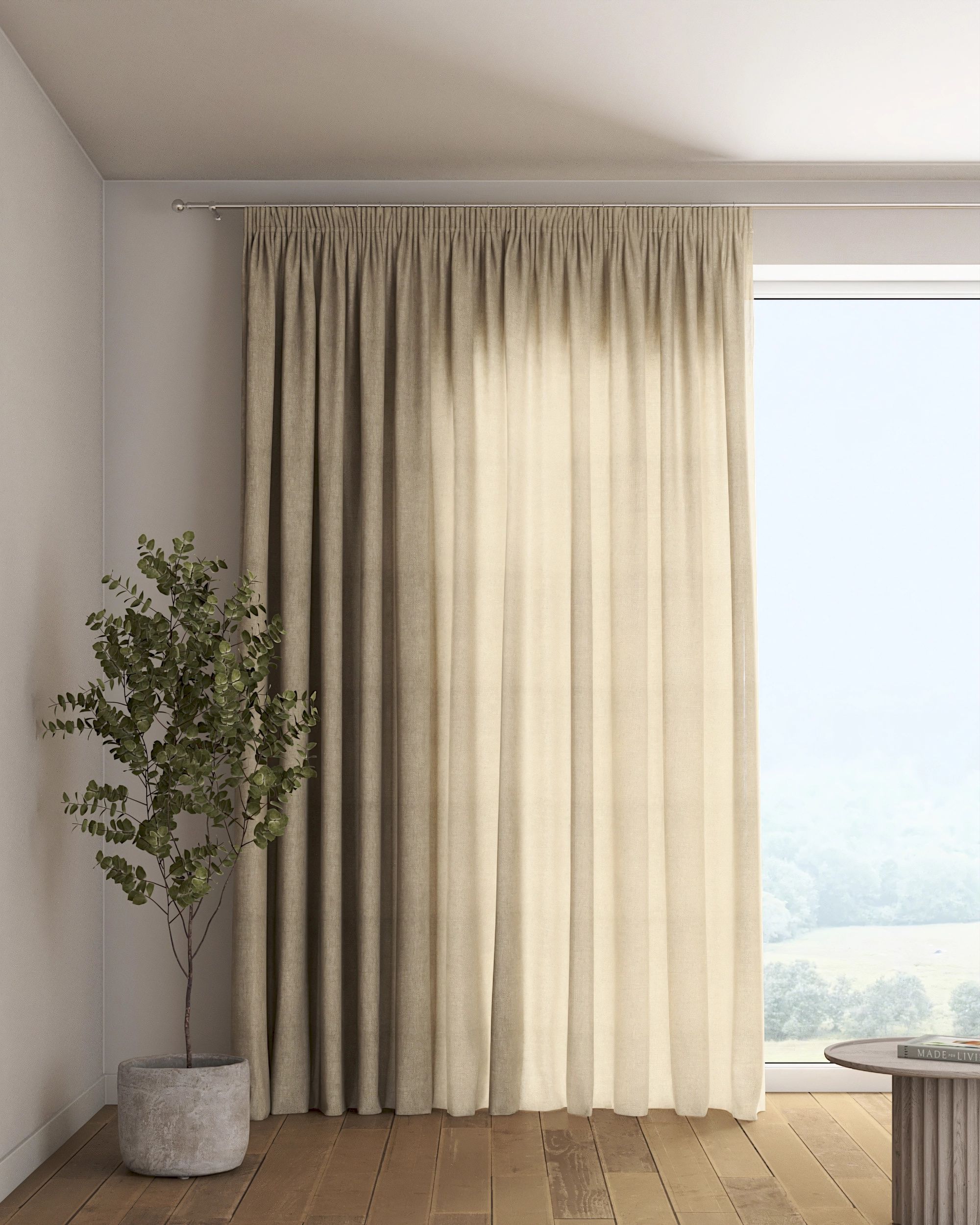Pencil pleat curtain colour beige fabric semi-sheer, structured